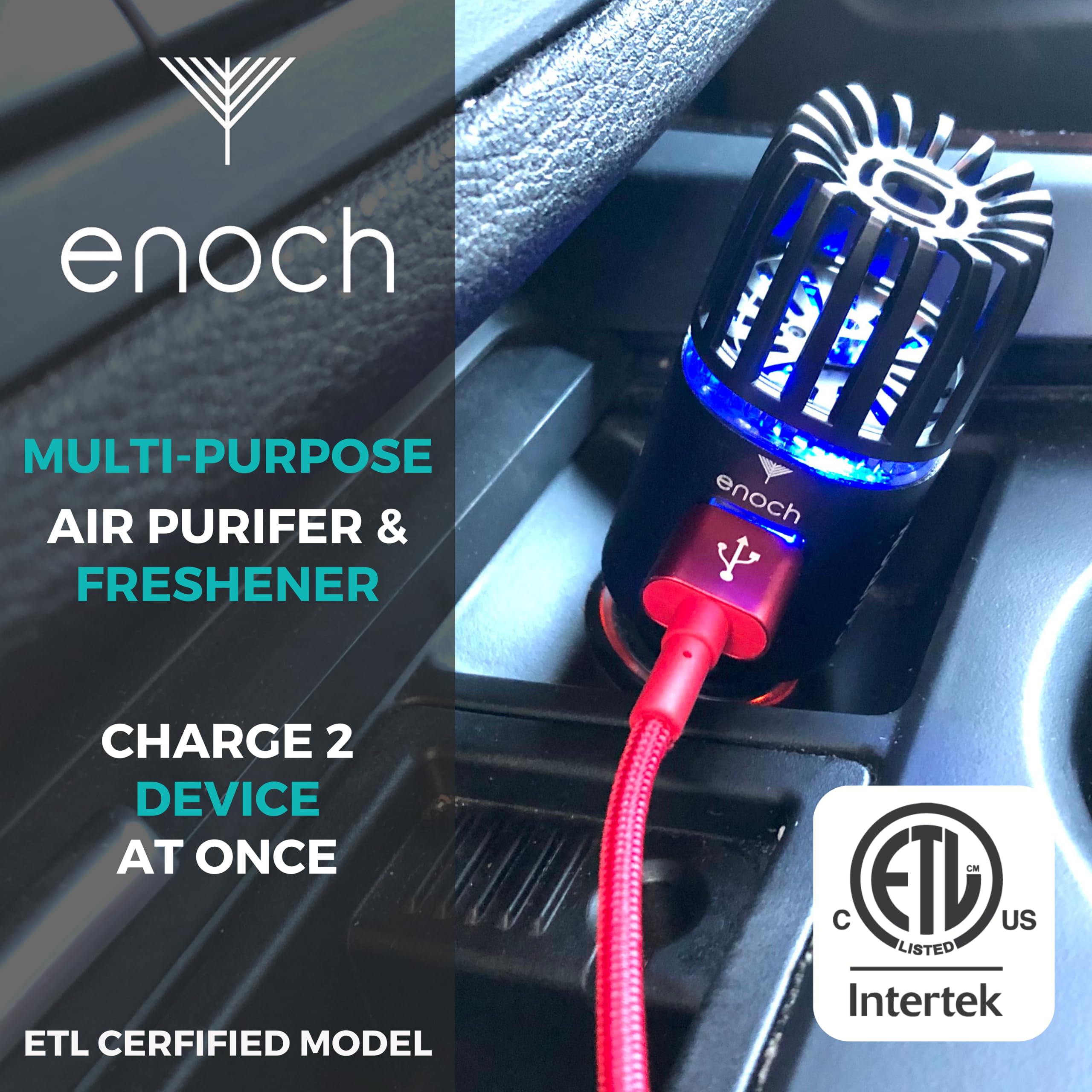 Enoch Ionic Car Air Purifier with Dual USB Charger - Eliminates Odor, Dust, Smoke, Pet & Food Smells - Ozone Car Deodorizer for Fresh Air (Matt Black) | Perfect for Road Trips, Commuting & Pet Owners