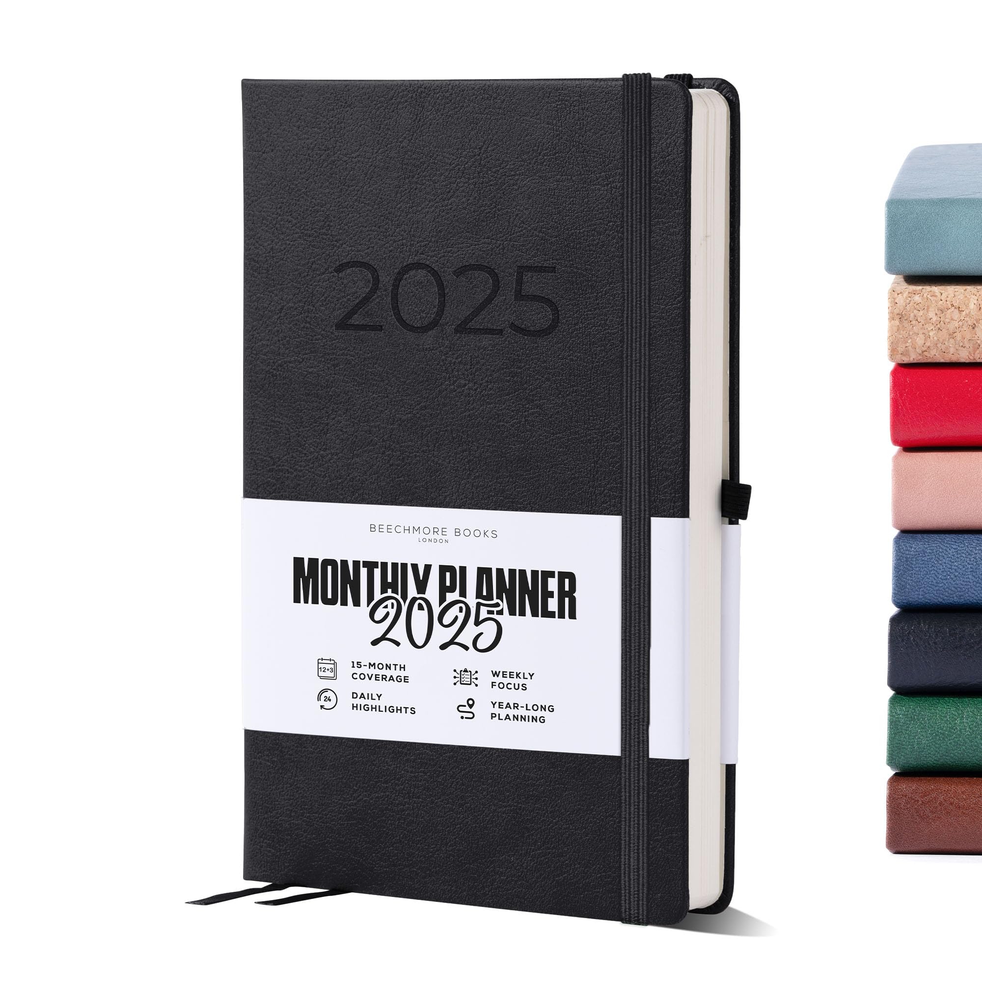 Beechmore Books 2025 Premium A5 Planner - Black Vegan Leather Hardcover Journal with 120gsm Thick Paper | Yearly & Monthly Views, Goal Setting, Appointment Scheduling | Perfect for Work, School & Personal Organization | Gift Box Included