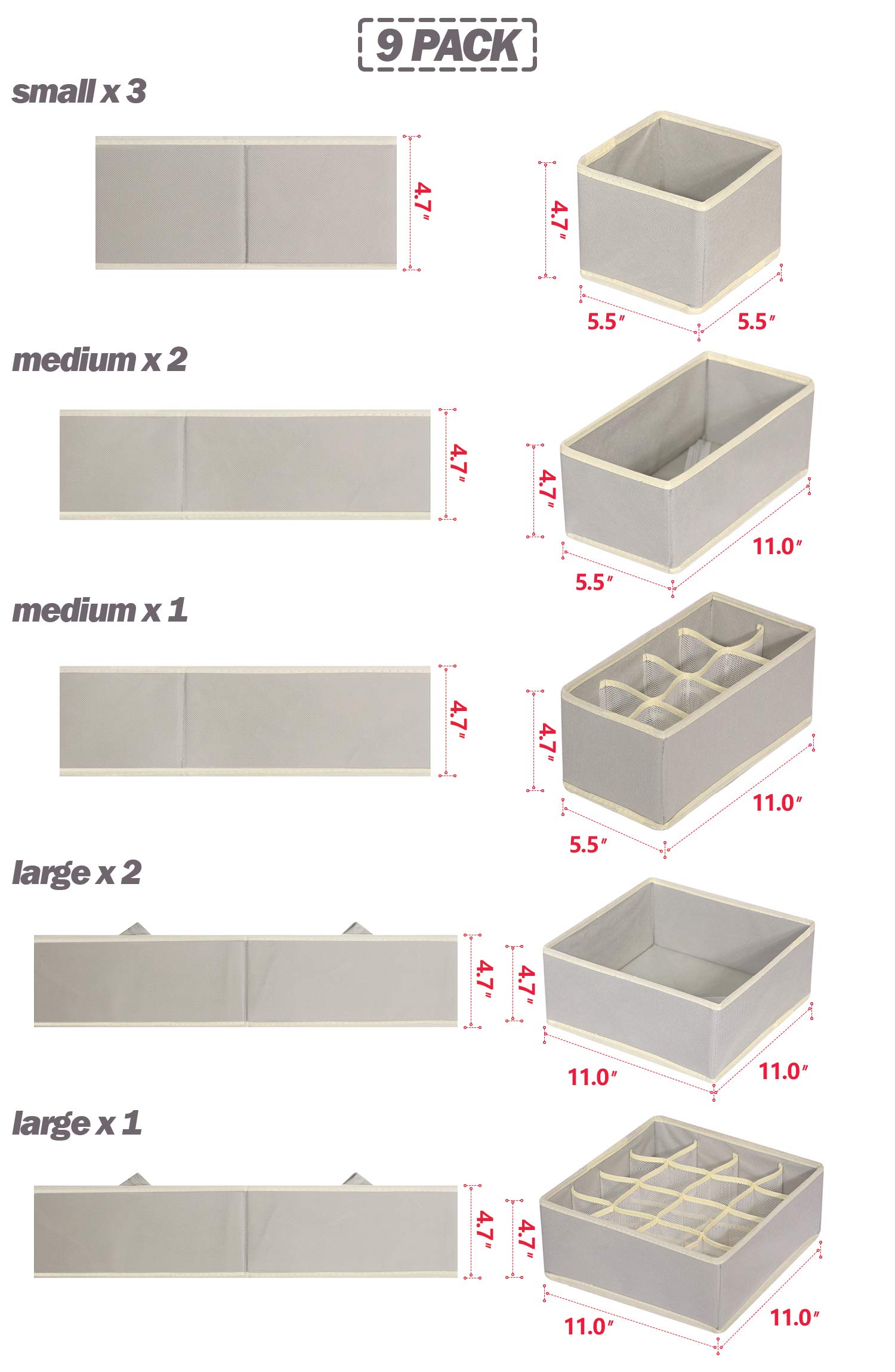 9-Pack Foldable Fabric Drawer Organizers - Closet Storage Boxes for Underwear, Socks, Bras & Baby Clothes | Space-Saving Dresser Dividers & Nursery Organization Solutions (Gray) - Perfect for Bedroom, Closet & Travel Storage