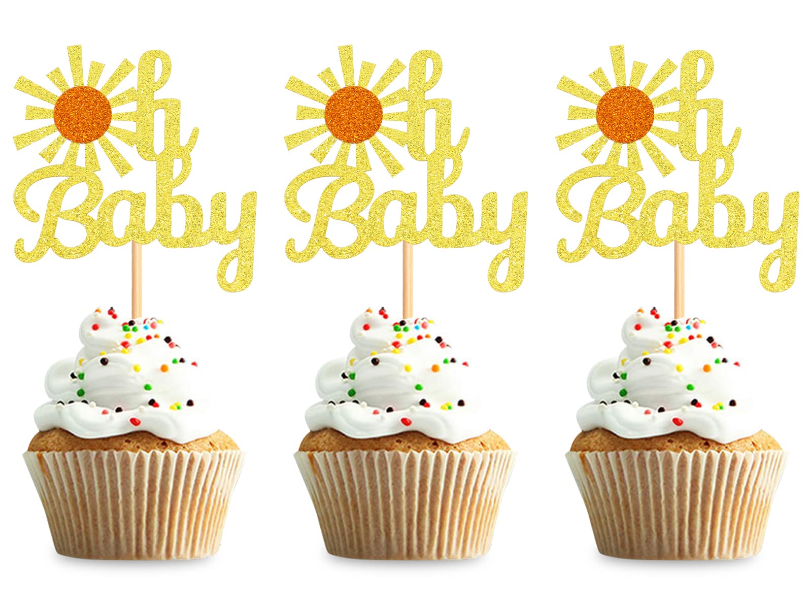 24 Pack Gold Sunshine Cupcake Toppers - Edible Cake Decorations for Wedding, Baby Shower & Birthday Party (Perfect for Summer Celebrations & Outdoor Events)