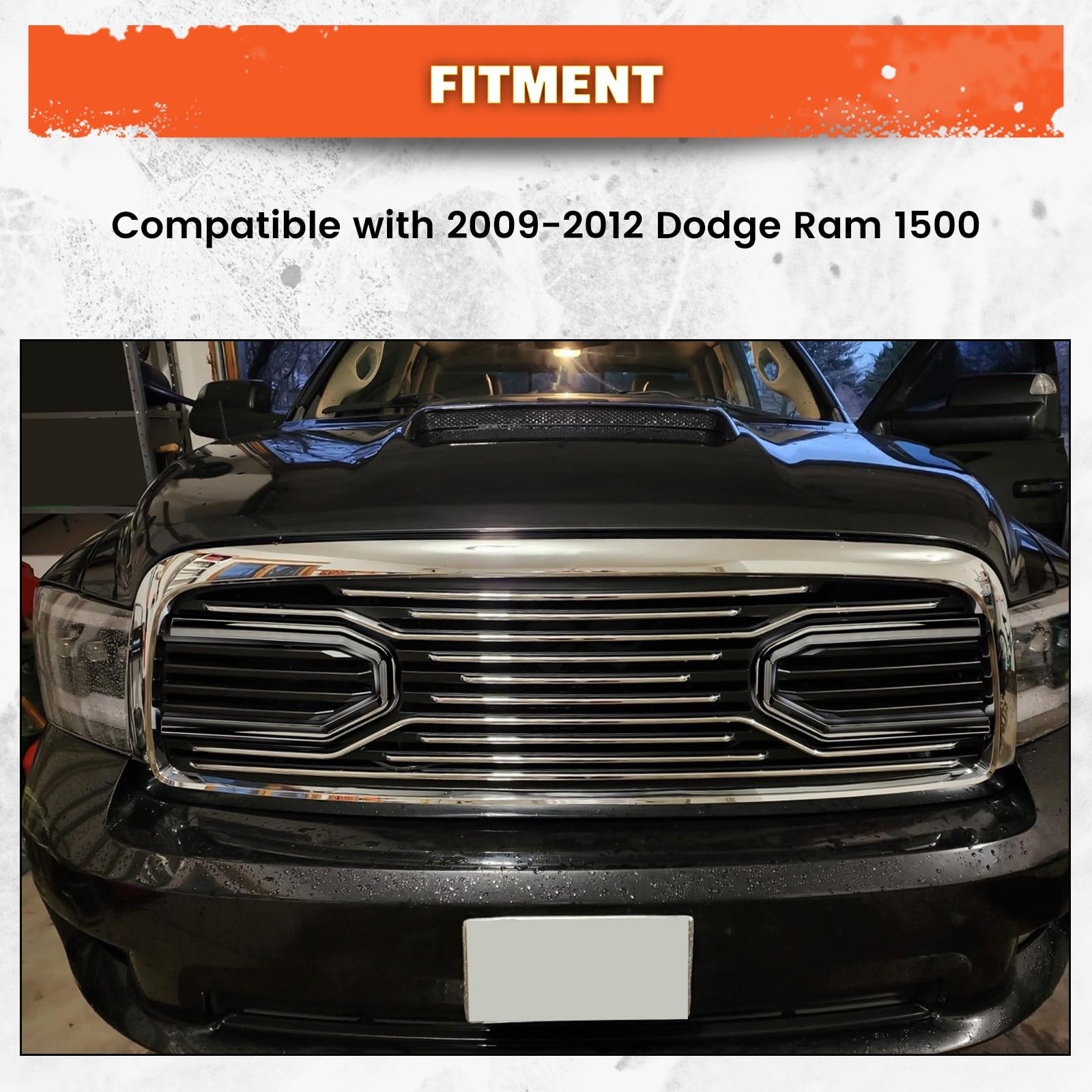 ECOTRIC Chrome Front Bumper Grill Replacement for 2009-2012 Dodge Ram 1500 | Hood Grille Shell Without Lights | Perfect for Off-Roading & Truck Customization