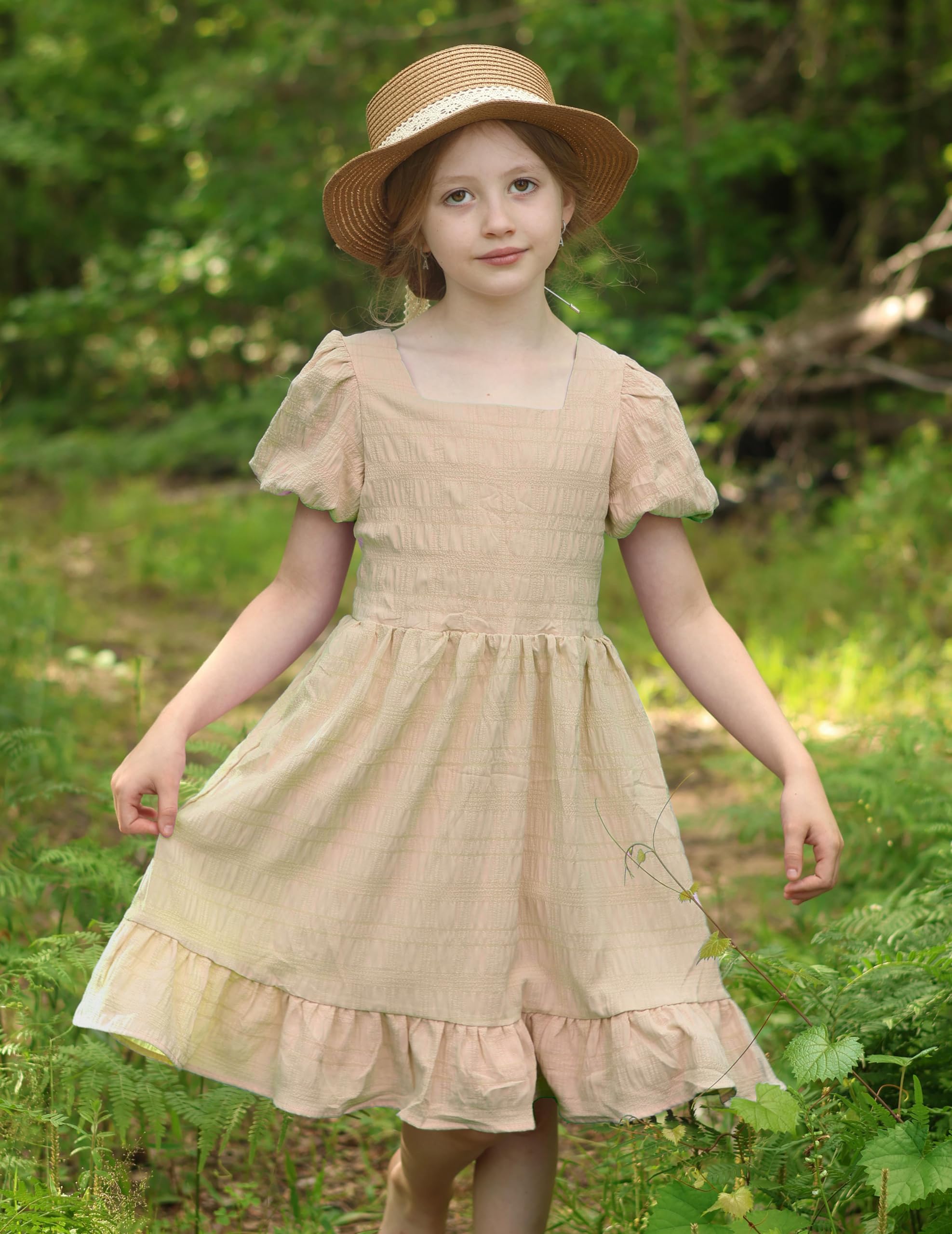 Arshiner Girls Backless Summer Dress - Short Sleeve Square Neck Ruffle Hem Elegant Party Dress for Kids | Birthday, Photo Shoot, Special Occasions