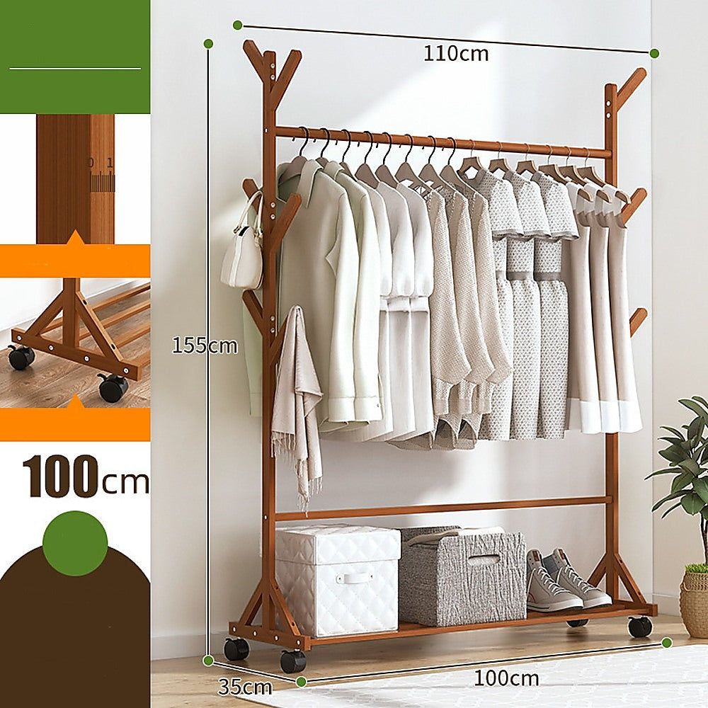 Portable Bamboo Clothes Rack - Adjustable Garment Stand with Hanging Rail for Coat, Dress & Closet Organization - Perfect for Small Spaces, Laundry Rooms & Bedroom Storage