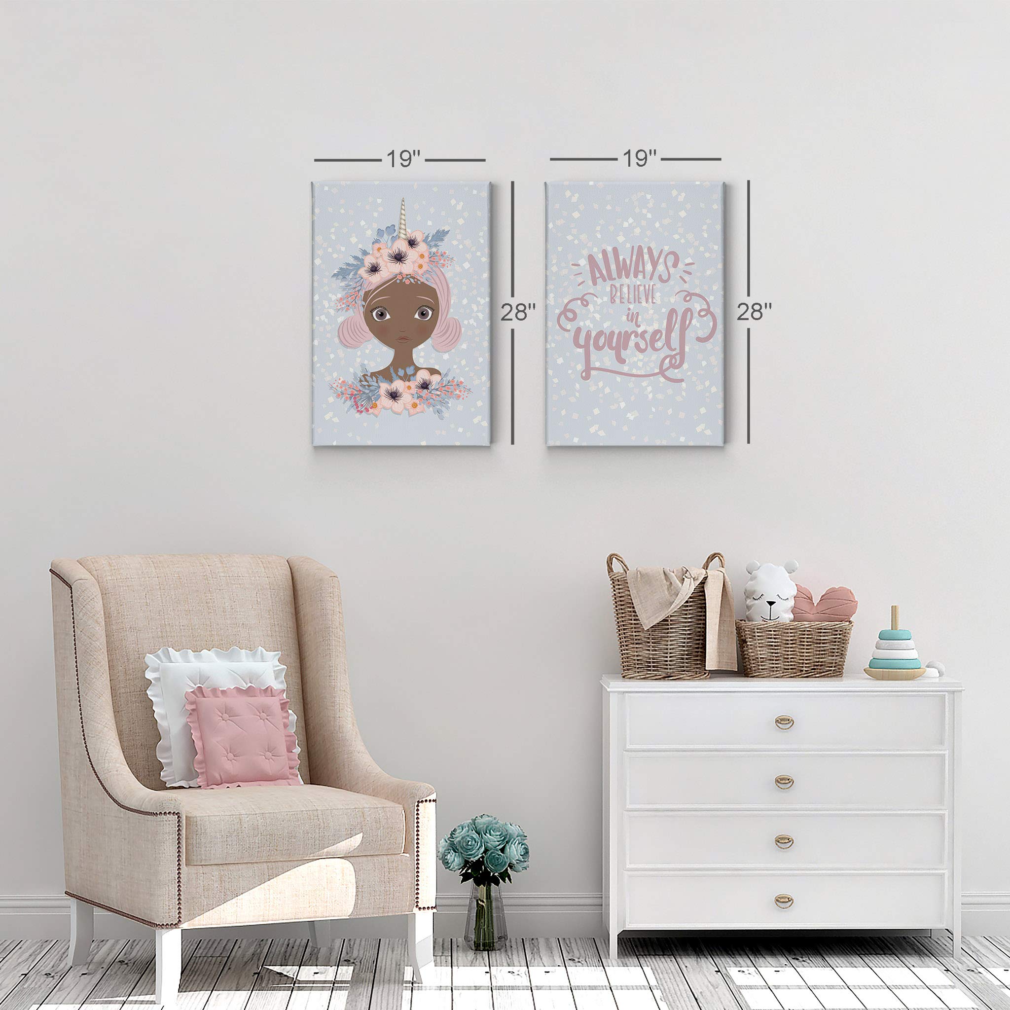 African American Unicorn Wall Art Canvas Prints - 2 Panel Set 'Always Be Yourself' for Kids Room, Nursery & Baby Room Decor | Handmade in USA, Rolled Up (40x30 inches x2) | Perfect for Birthday Gifts, Bedroom Accent & Playroom Wall Decor