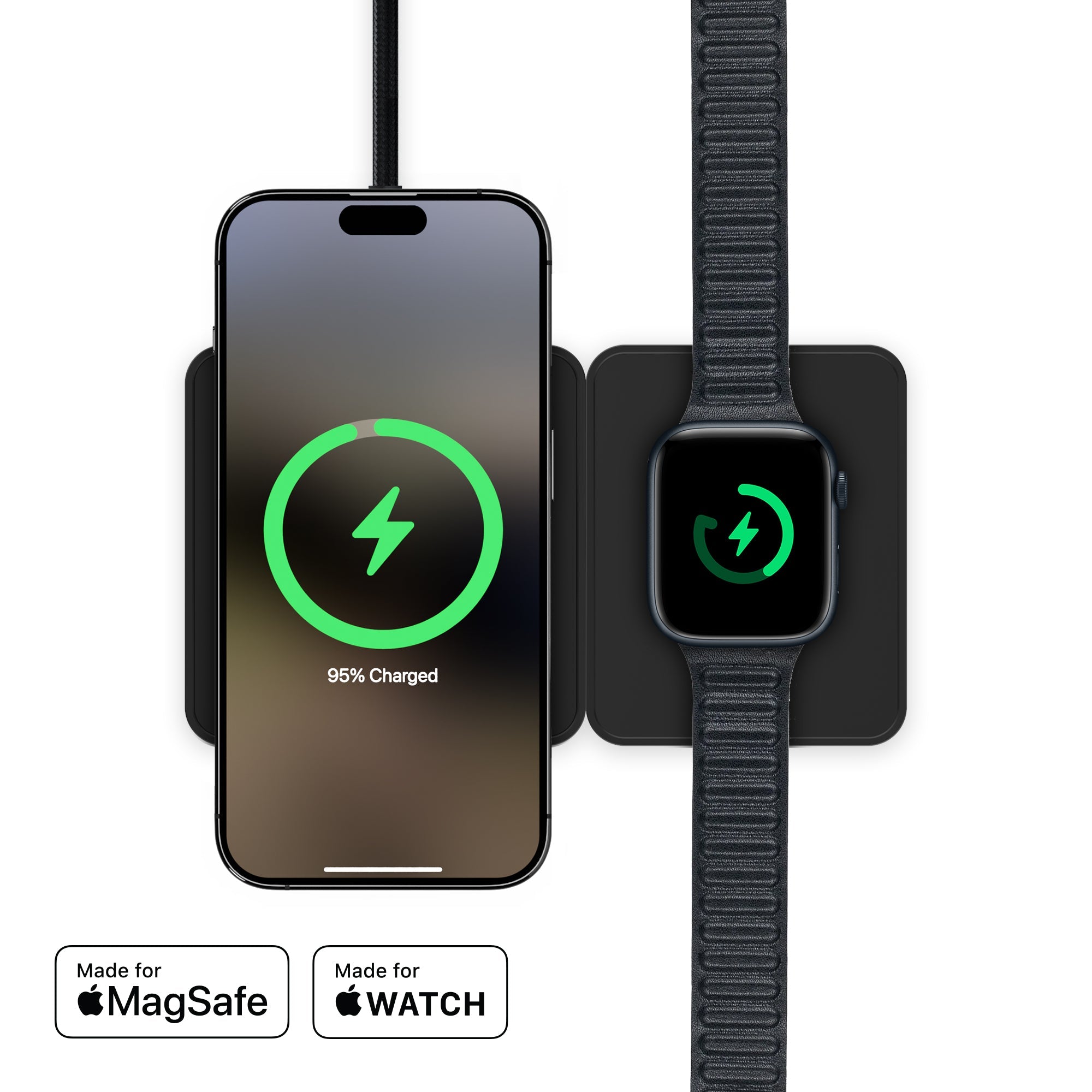 Matte Black 2-in-1 Fast Charging Set with USB-C & Lightning Cable - Dual Port Charger for iPhone & Android - Perfect for Travel, Office & Home Use