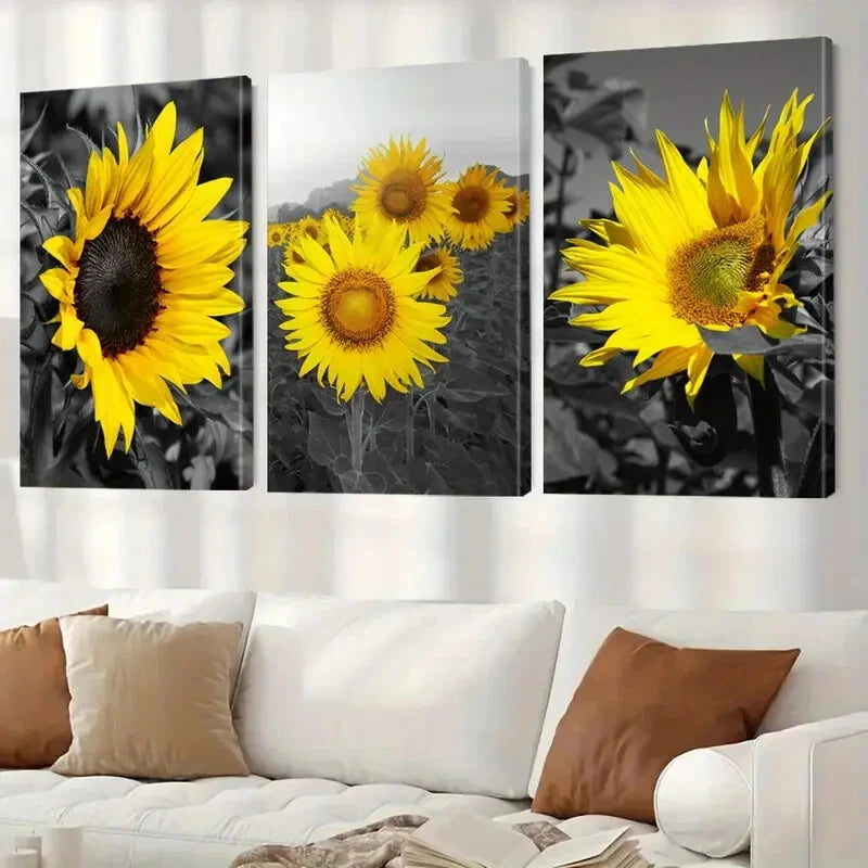 3-Piece Modern Sunflower Botanical Wall Art Set - Framed Canvas Prints 50x70cm - High Quality Australian Made Home Decor - Perfect for Living Room, Bedroom & Office Decorations