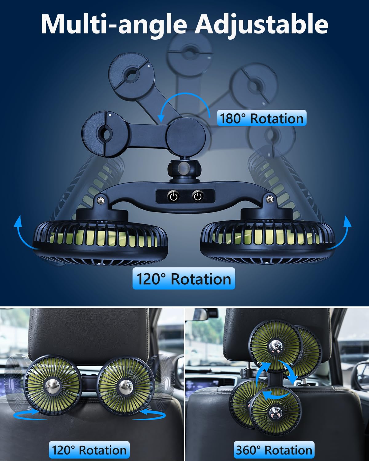 Dual Head USB Car Fan for Back Seat - Rechargeable 12V Cooler for Baby & Pets - SUV, Sedan, RV Use