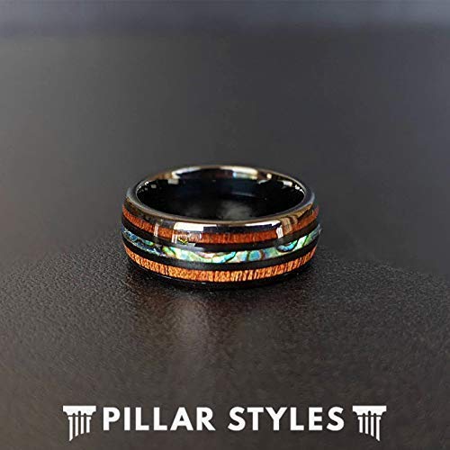 Premium Abalone & Koa Wood Inlay Tungsten Wedding Band for Men - 8mm Comfort Fit Black Ring - Unique Anniversary Gift for Him - Perfect for Tropical Weddings, Beach Proposals & Romantic Occasions