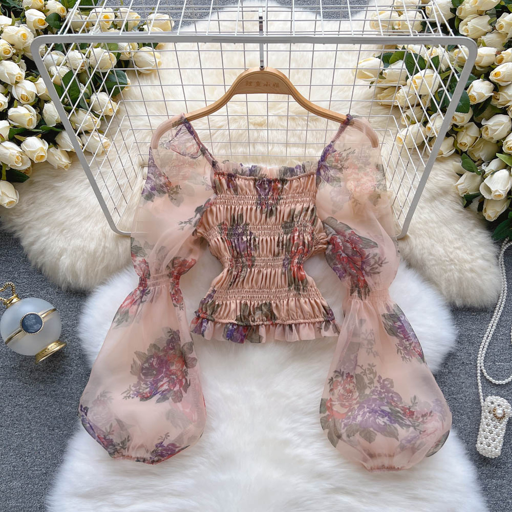 French Fairy Net Long Sleeve Printed Shirt - Summer Cropped Top for Women - Floral Lace Blouse - Boho Chic Fashion - Perfect for Beach, Festival & Date Night Outfits