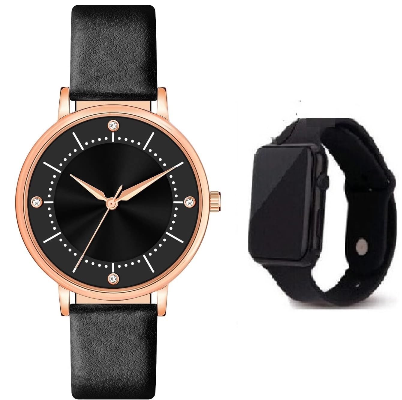Stylish Women's Analog Watch with Free Digital LED Light - Square Black Dial Combo (SR-808 AT-8081) - Pack of 2 - Perfect for Everyday Wear, Office & Casual Outfits