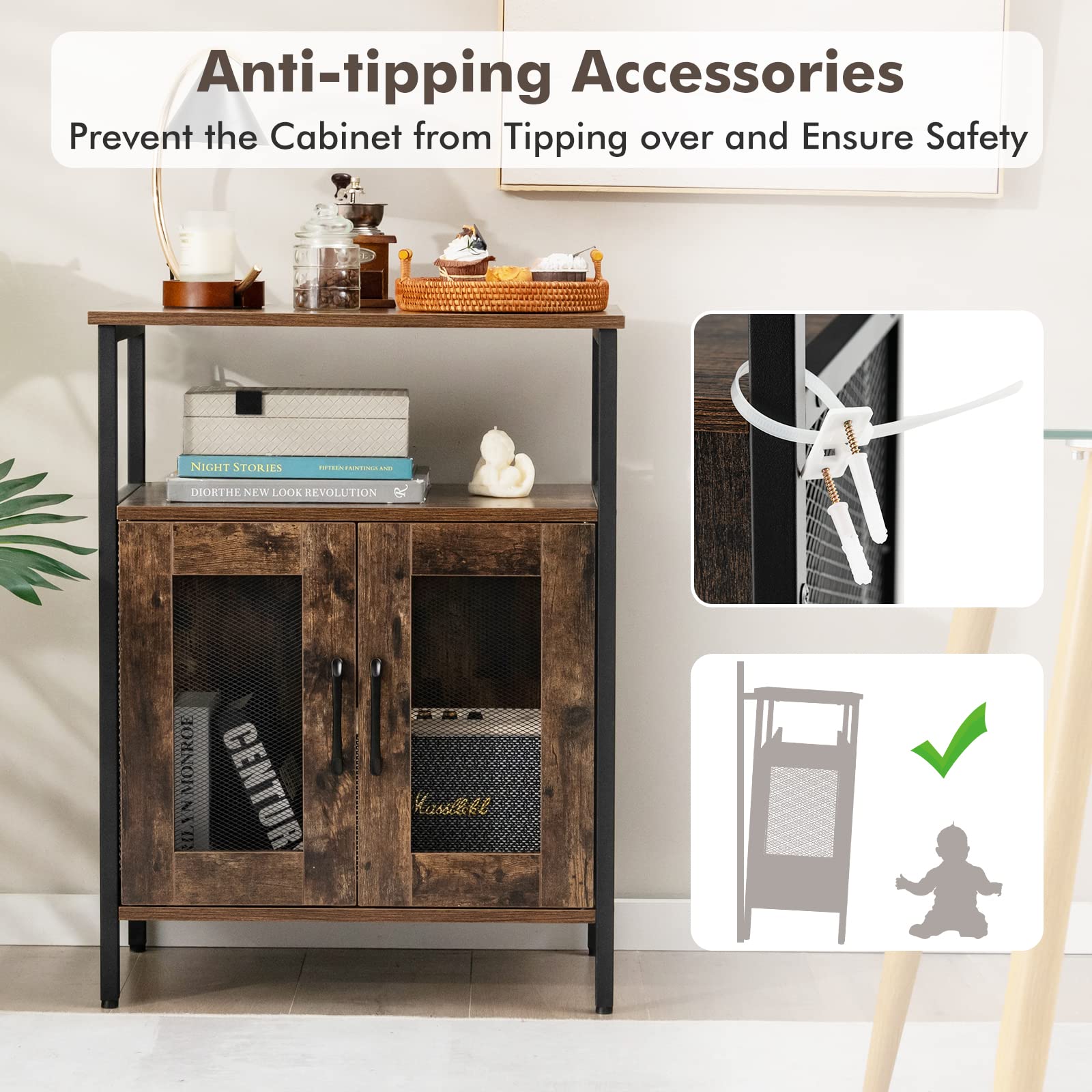 Industrial Wine Bar Cabinet with Removable Wine Rack & Glass Holder - Coffee Bar Storage Cabinet with Mesh Doors for Kitchen, Living Room, Dining Room | Perfect for Home Entertaining & Small Space Organization
