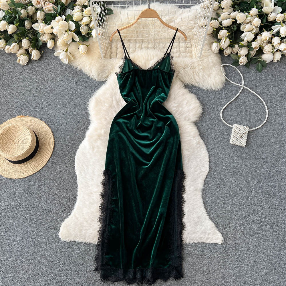 Elegant Lace Velvet Suspender Dress for Women - Long Slit Evening Gown with Adjustable Straps | Perfect for Cocktail Parties, Date Nights & Formal Events