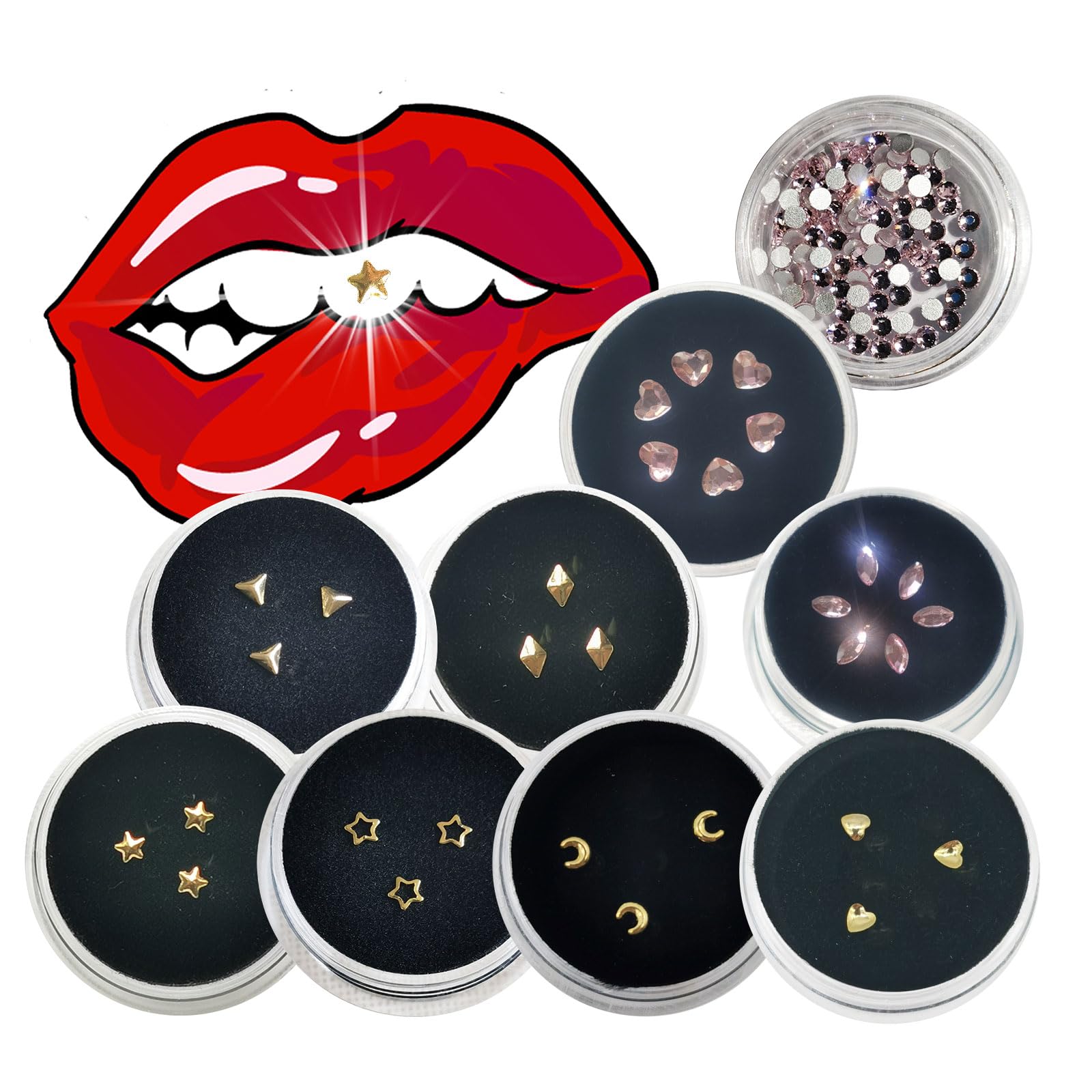 18K Gold Plated Chamon Tooth Gems Kit - 3-5mm Teeth Jewelry Starter Set (9 Boxes) for Dental Bling, Festival Accessories & Smile Makeovers