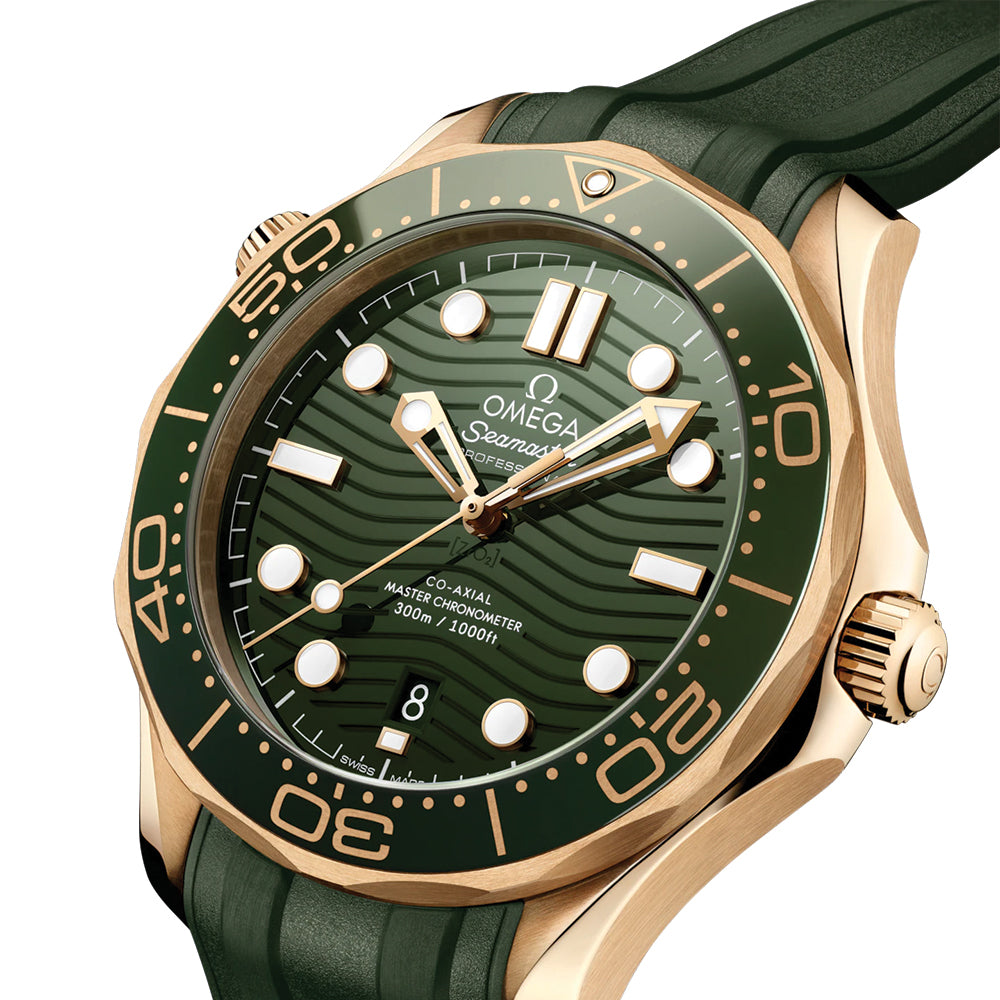 Omega Seamaster Diver 300M Co-Axial Master Chronometer 42mm Watch - Green Dial with Moonshine™ Gold Case & Rubber Strap | Luxury Dive Watch for Men, Water Resistant for Swimming & Professional Diving