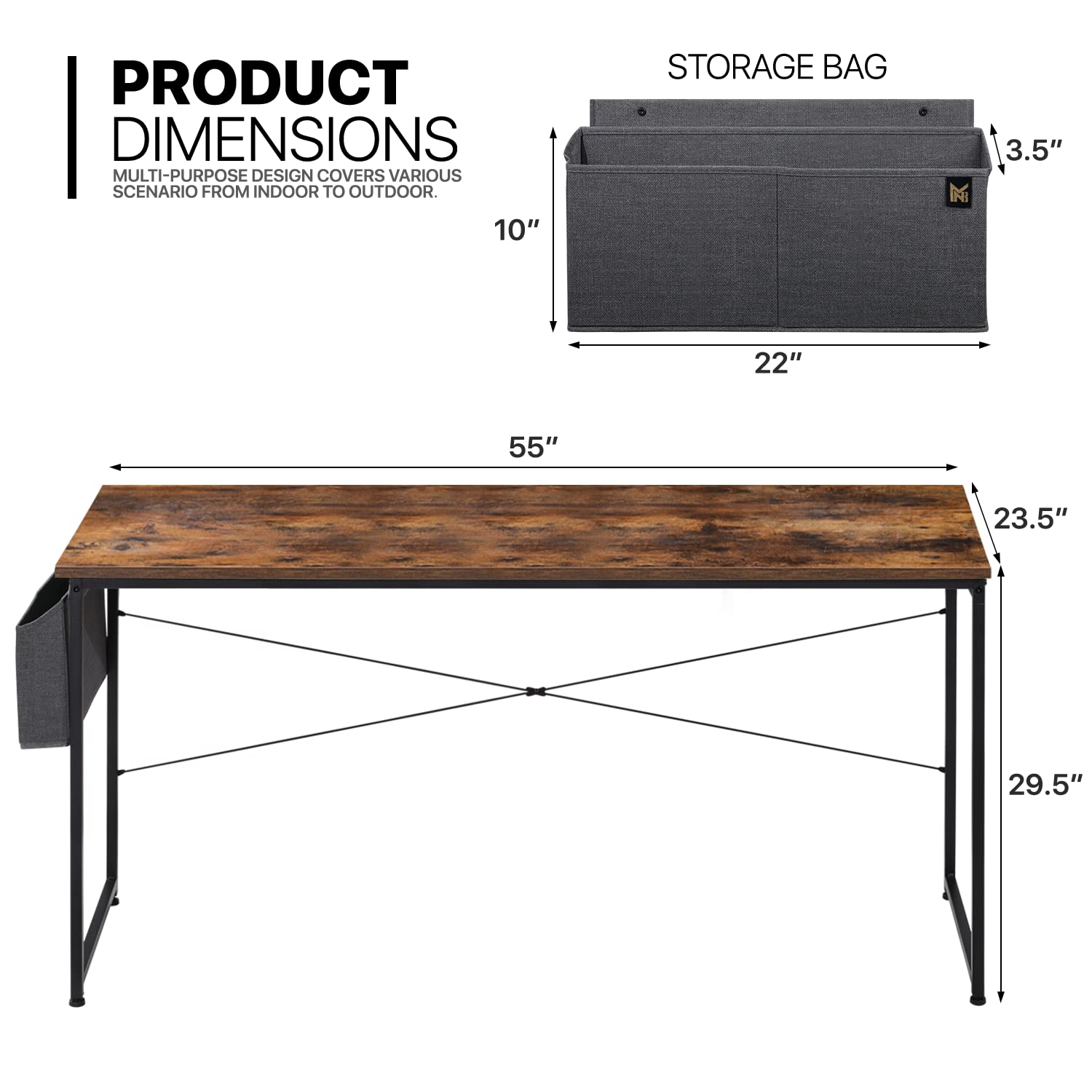 MoNiBloom 55 Inch Home Office Gaming Desk with Storage Bag - Rustic Brown Computer Study Table for Work, Gaming & Online Learning | Perfect for Small Spaces & Dorm Rooms