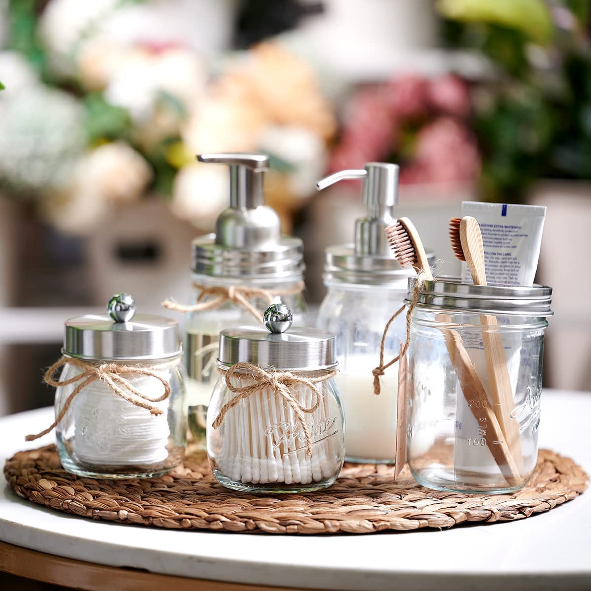 Amolliar 4-Piece Mason Jar Bathroom Accessories Set - Rustic Farmhouse Soap Dispenser, Q-Tip Holder, Toothbrush Organizer - Brushed Nickel Vanity Decor for Countertop Organization | Perfect for Farmhouse, Apothecary & Modern Bathroom Styles