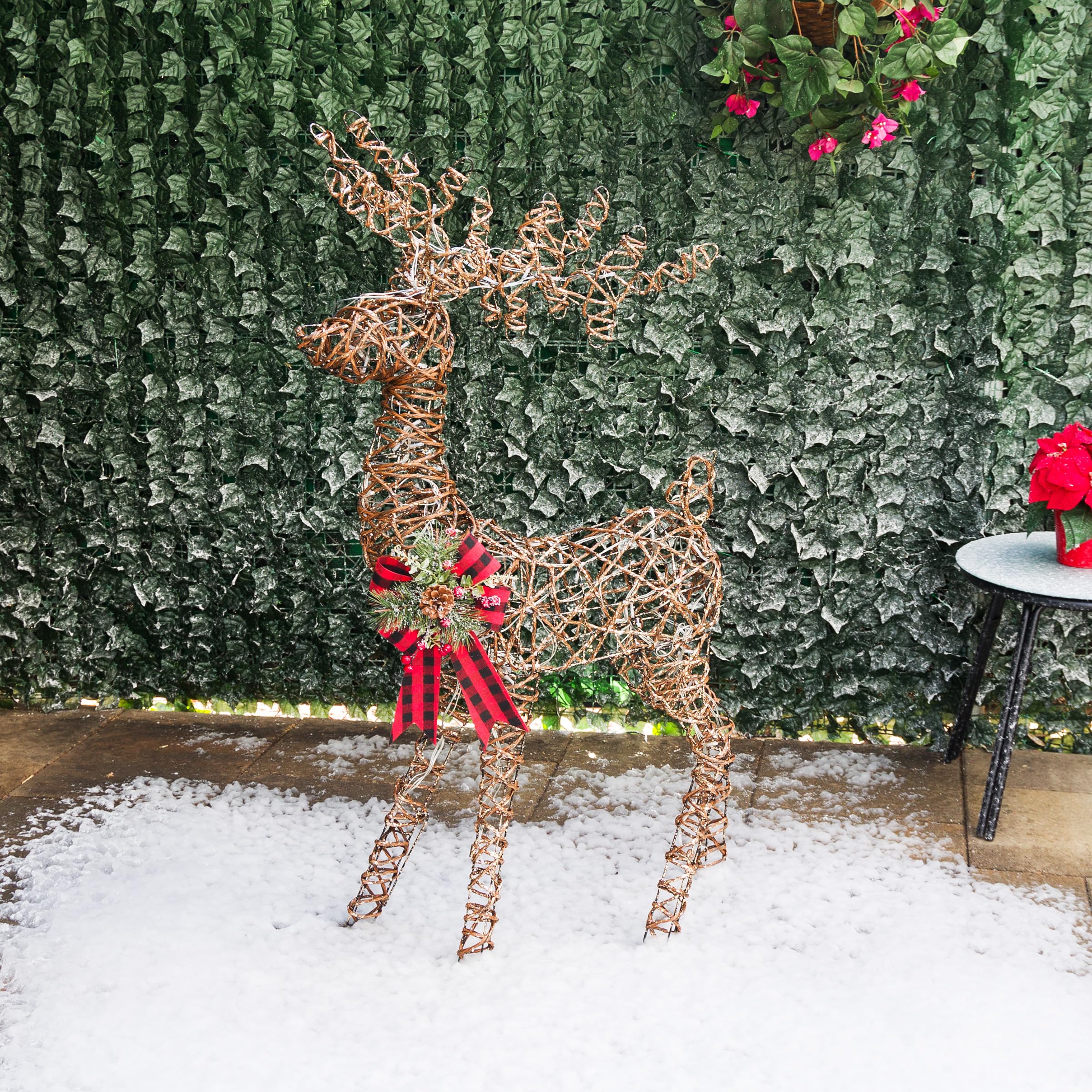 Rattan Standing Reindeer Decor with Bow & LED Lights - Christmas Home Decoration, Holiday Party Centerpiece, Festive Indoor Outdoor Decor