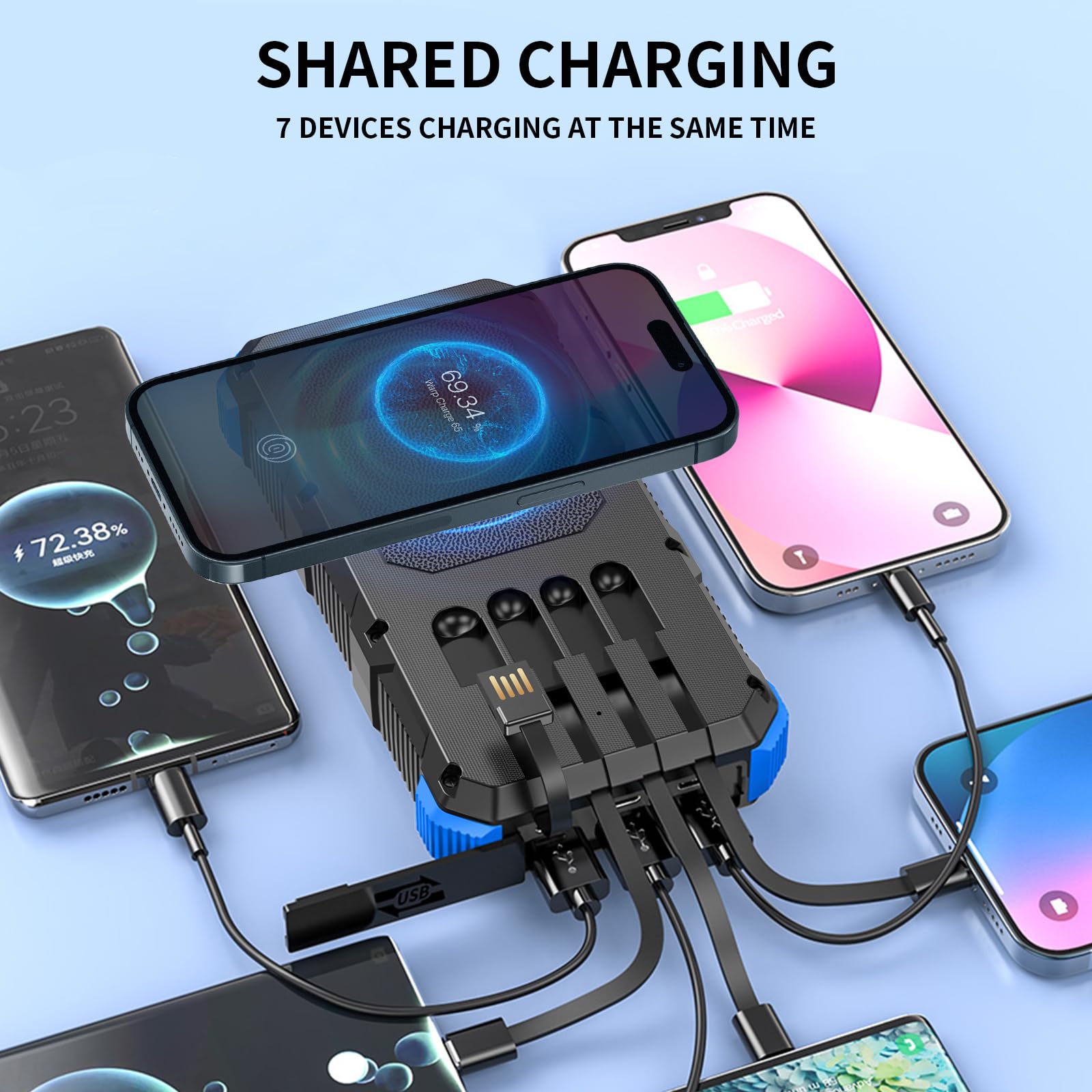 26800mAh Solar Power Bank with 15W Fast Charging & 4 Outputs - Portable Solar Charger for Smartphones, Tablets - Perfect for Camping, Hiking & Outdoor Adventures (Blue)