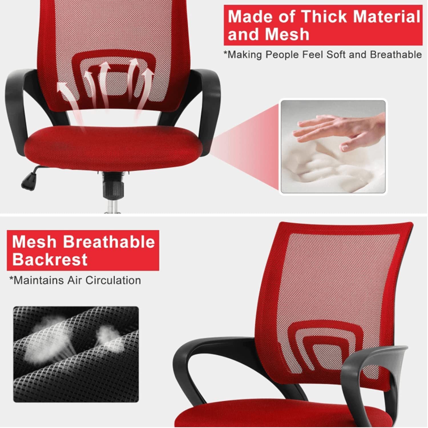 Ergonomic Mesh Office Chair with Adjustable Lumbar Support & Armrests - Modern Mid Back Executive Swivel Chair for Home Office, Computer Desk - Ideal for Long Work Hours & Remote Work (Red)