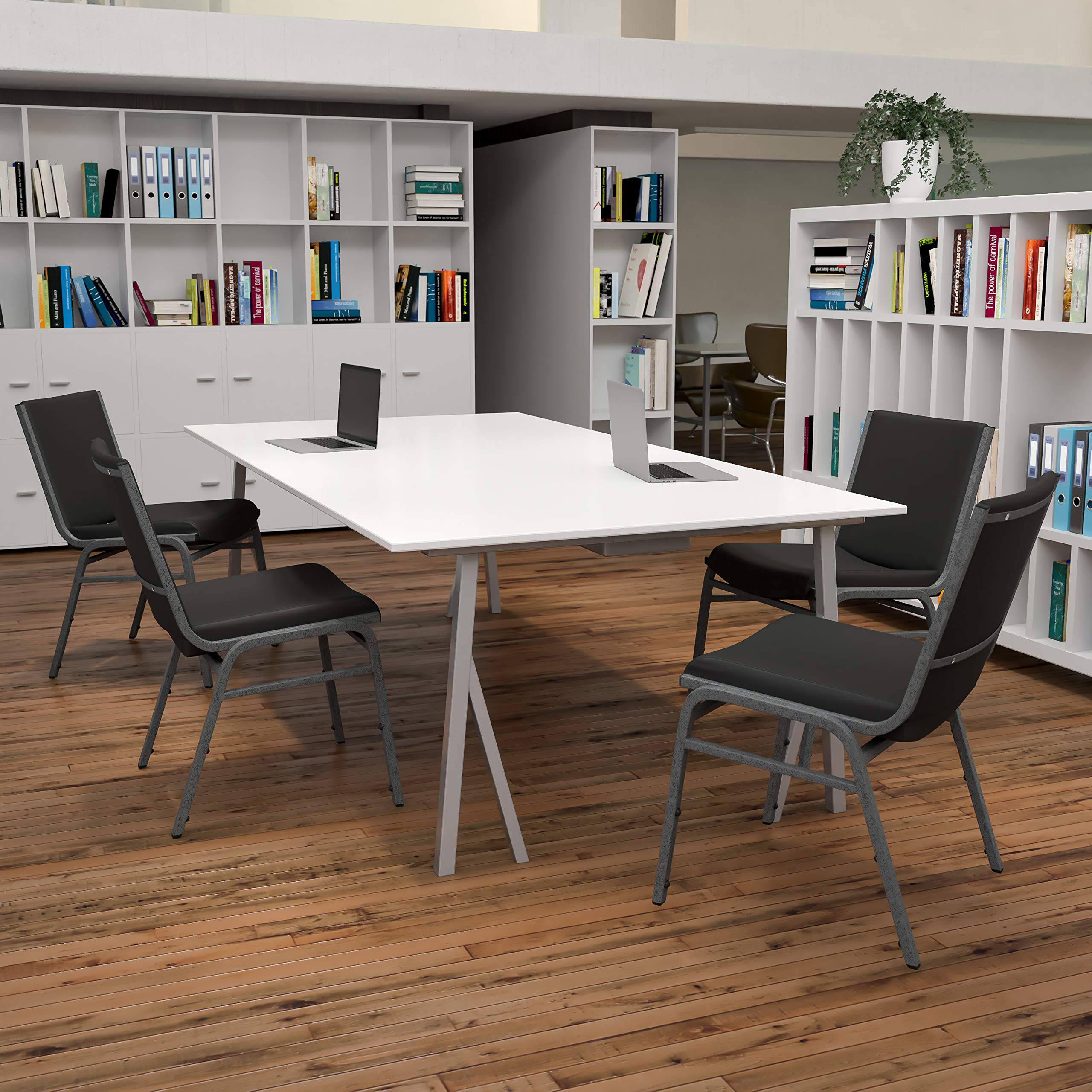 4 Pack Heavy Duty Black Vinyl Stackable Chairs - Commercial Reception Furniture for Office, Conference Room, and Event Seating