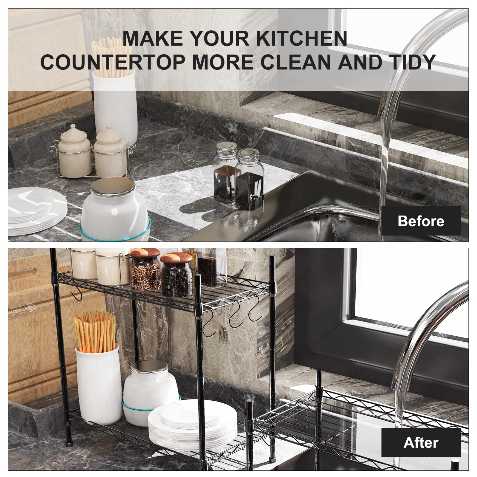 2-Tier Carbon Steel Spice Rack Organizer for Kitchen Cabinet - Adjustable Countertop Spice Shelf with Non-Slip Liner & Hooks | Perfect for Pantry, Bathroom, Office Organization (Black)