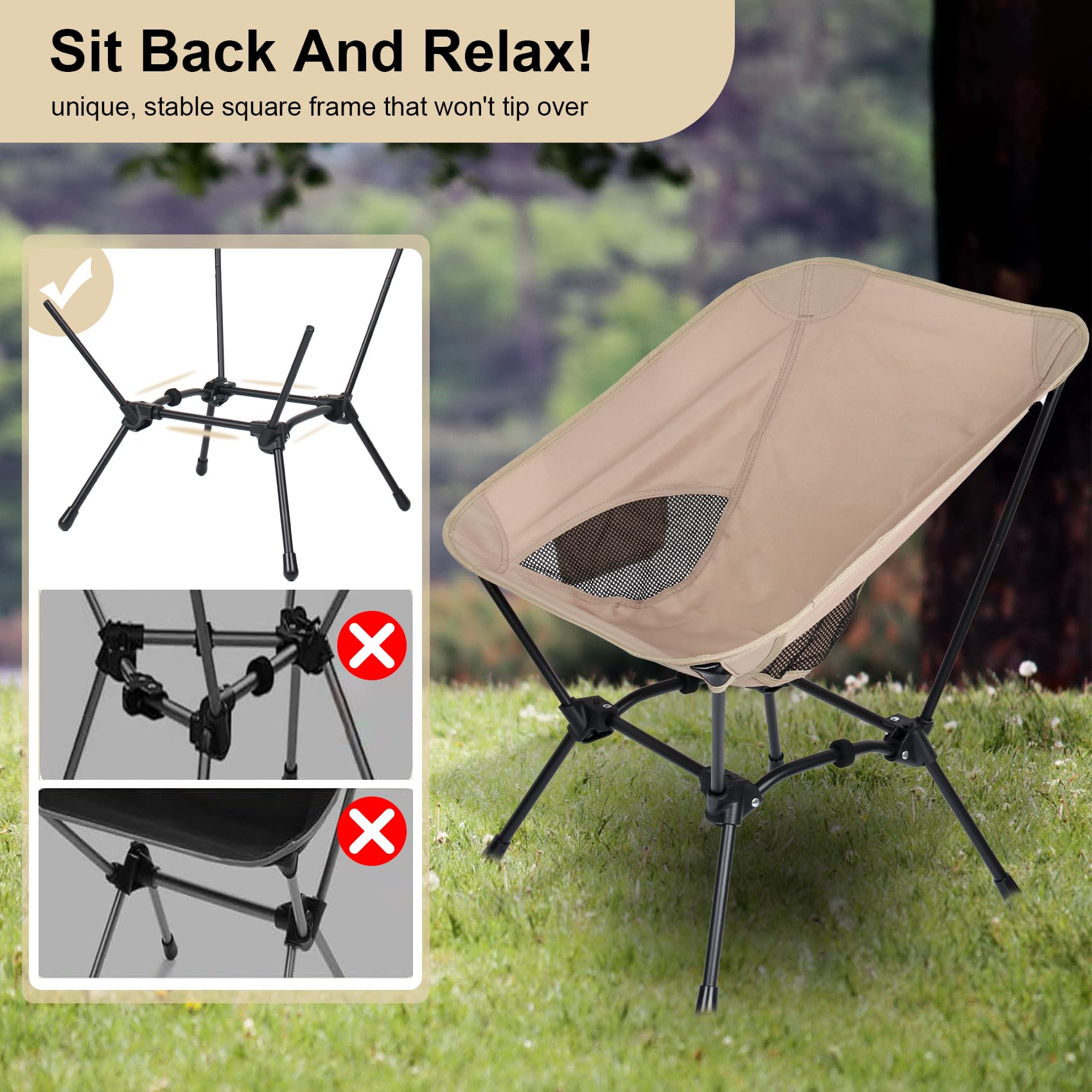 **Dreamoon Lightweight Foldable Camping Chair - Portable Backpack Chair with Side Pockets & Carry Bag, Adjustable Height Compact Outdoor Chair for Camping, Beach, Picnic, Hiking, Fishing, Travel - Perfect for Backyard, Tailgating & Outdoor Adventures (Khaki)**