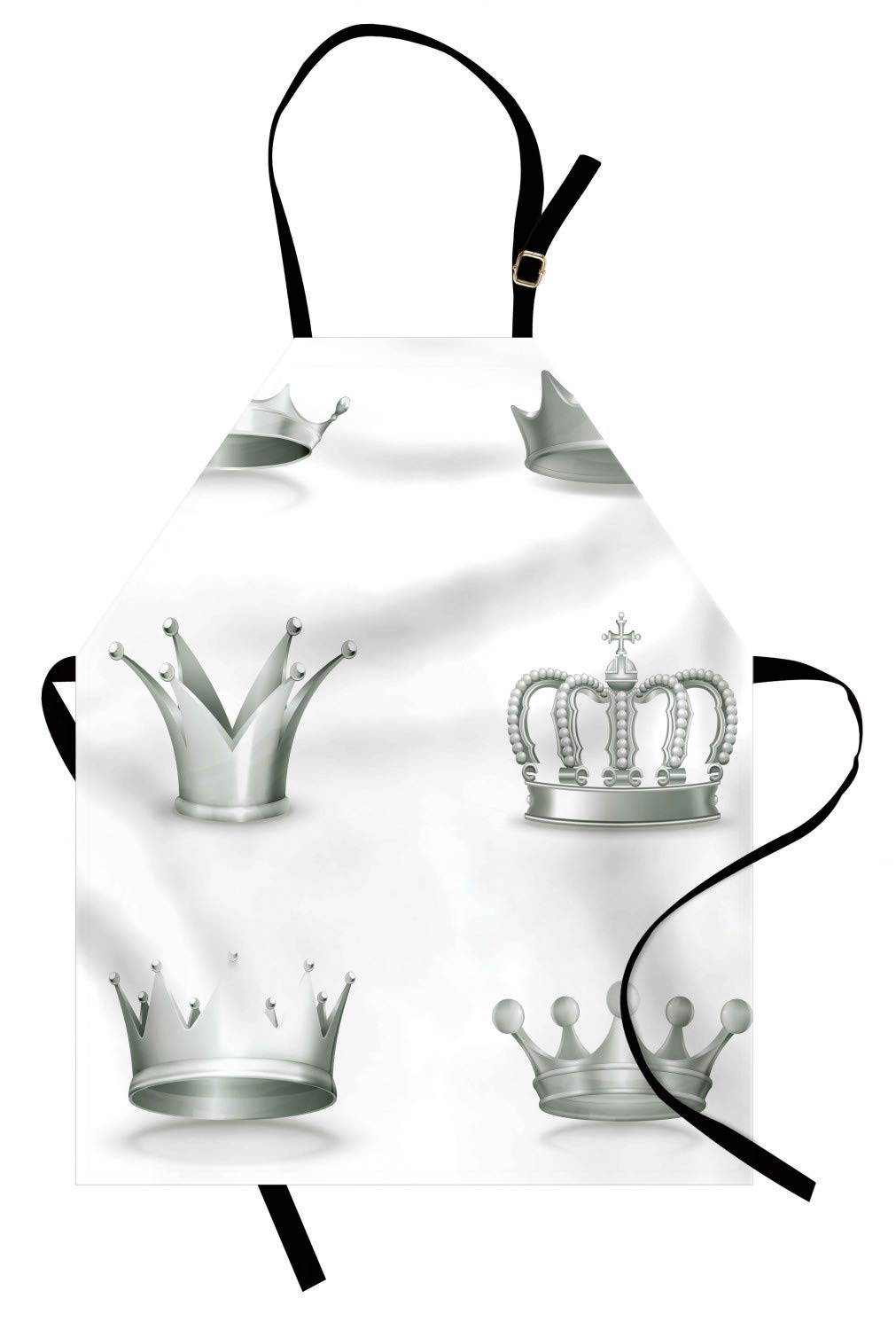 Ambesonne Vintage Grey Apron with Antique Crowns Print - Unisex Adjustable Kitchen Bib Apron for Cooking, Baking, Gardening - Queen King Imperial Theme in Pale Green & White - Perfect for Home Chefs, BBQ Parties & Holiday Gifts