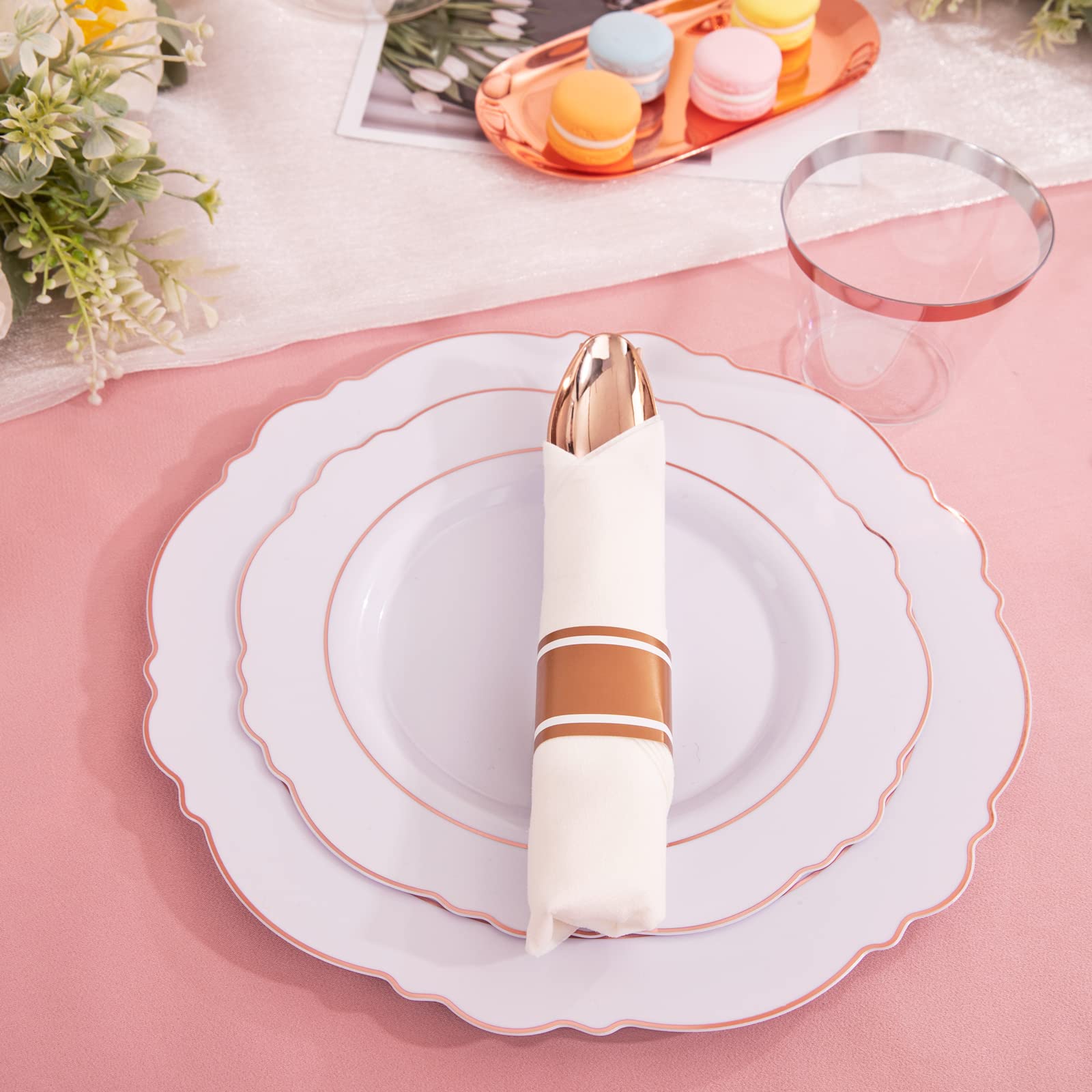 350-Piece Disposable Rose Gold Plastic Dinnerware Set - Elegant Baroque Design with 100 Plates, 50 Pre-Rolled Napkins & 50 Cups | Perfect for Weddings, Parties, Bridal Showers & Elegant Events