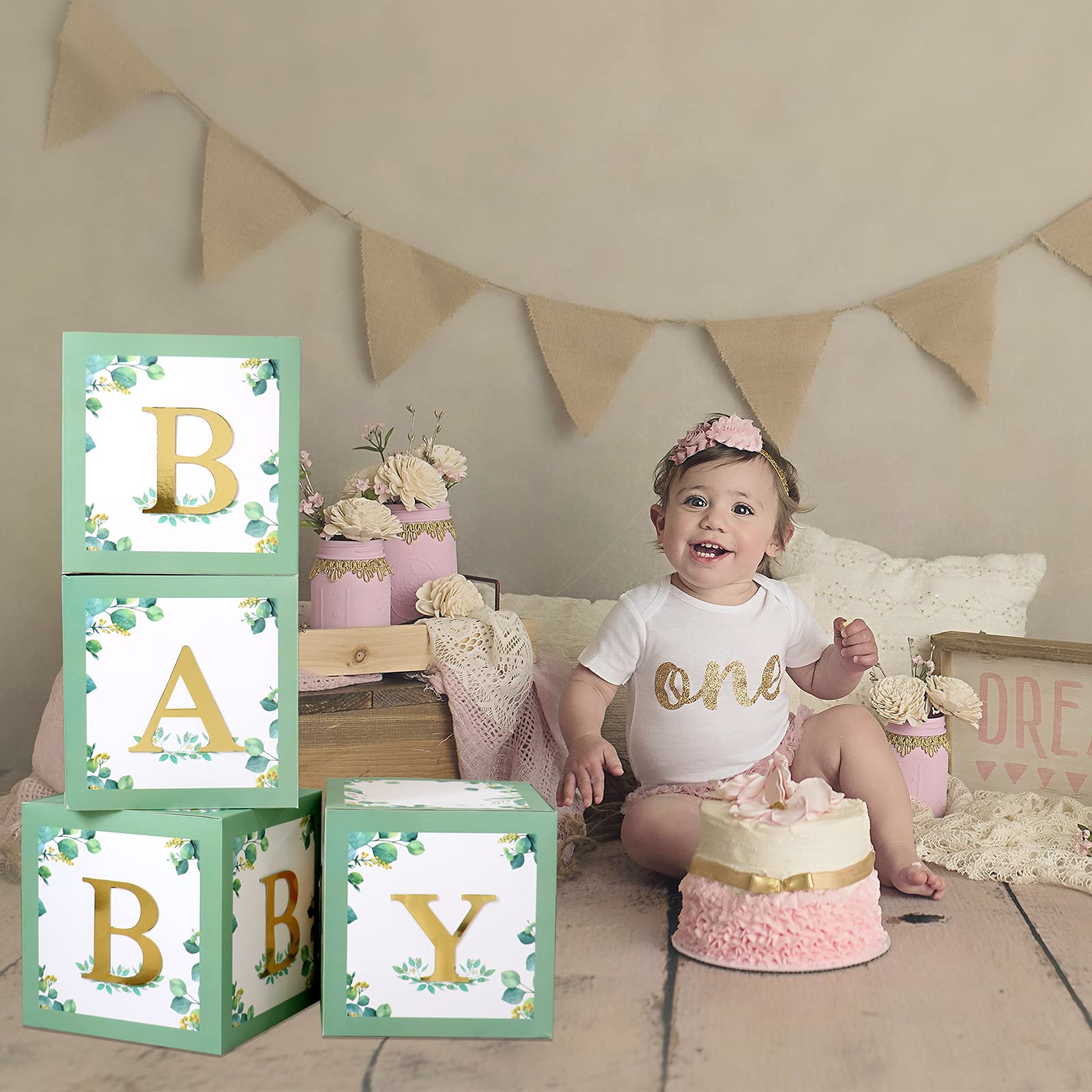 Sage Green Baby Shower Gift Boxes with Alphabet Letters - 4-Piece Set for Gender Reveal, Birthday Party Favors & Nursery Decor | Perfect for Safari Theme, Baby Shower Decorations & Newborn Photo Props