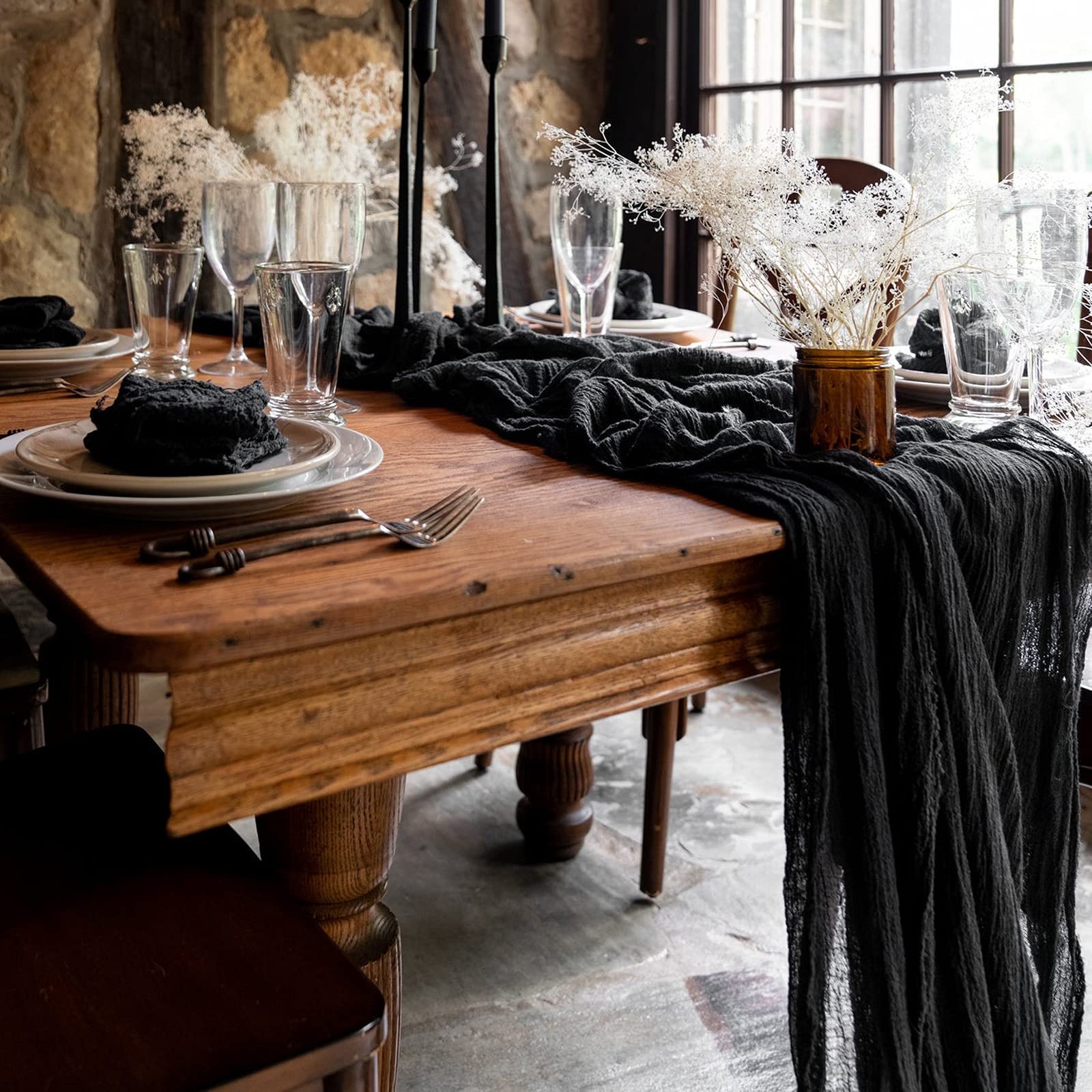 EHLDekol Black Cheesecloth Gauze Table Runner - 13ft Wedding Arch Draping Fabric, Bridal Shower Decor, Boho Party Centerpiece for Rustic Weddings & Events