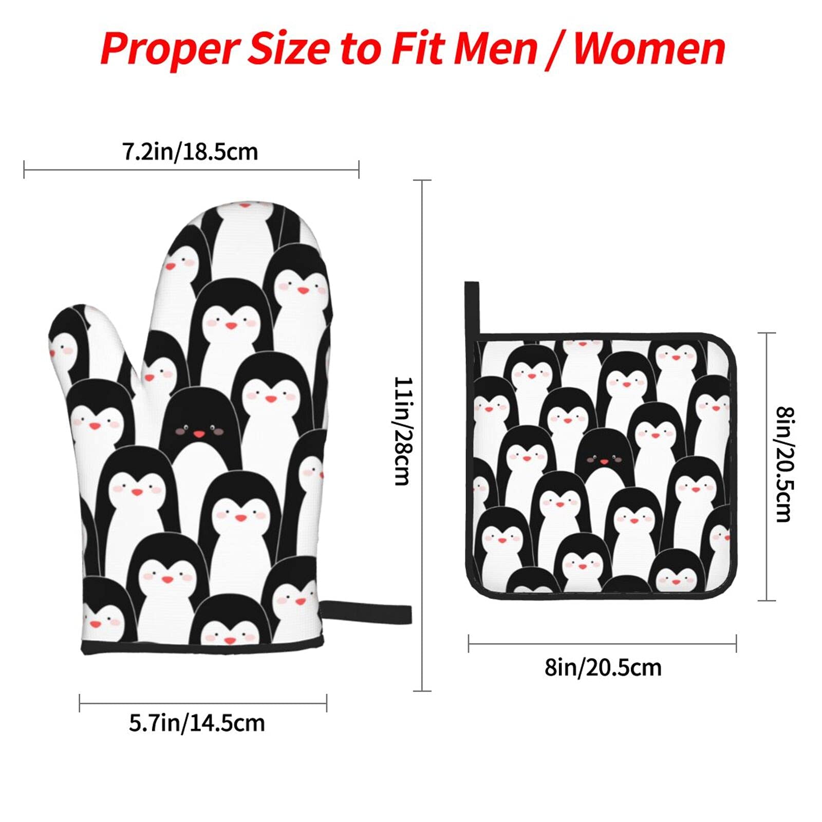Cute Penguins Print 4-Piece Oven Mitts and Pot Holders Set - Heat Resistant, Non-Slip Kitchen Gloves with Inner Cotton Layer for Cooking, Baking, BBQ & Grilling - Perfect for Holiday Gifts, Housewarming & Kitchen Decor