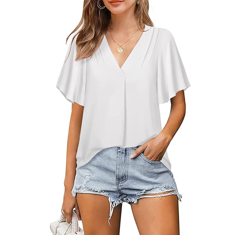 Elegant Women's V-Neck Ruffle Sleeve Chiffon Blouse - Flowy Casual Dressy Top for Work, Party & Date Night | Women's Blouses & Tops Collection
