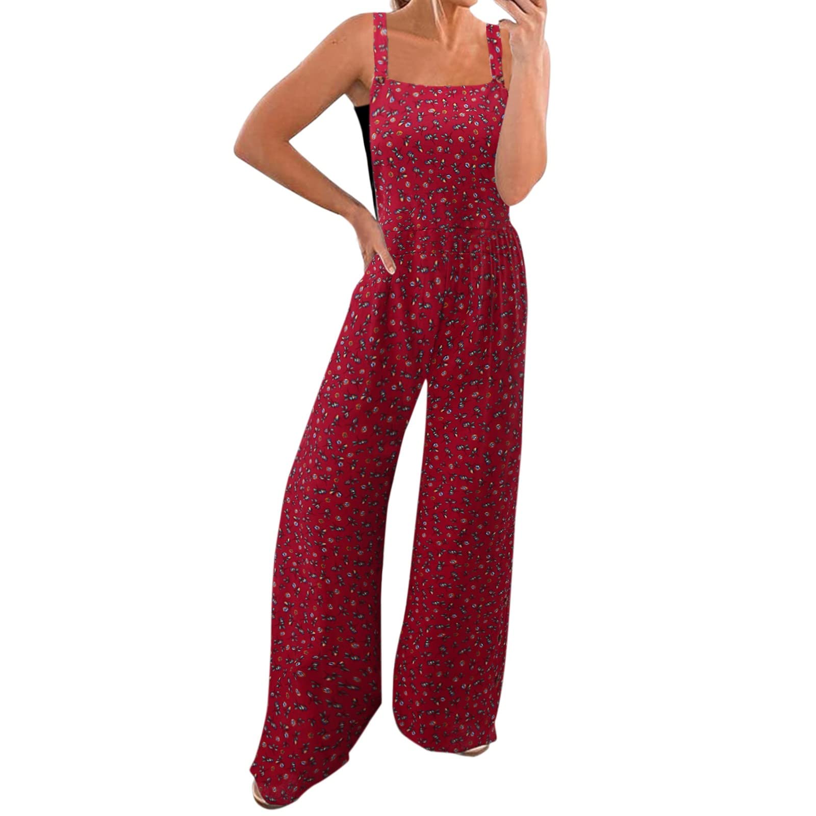 Women's Casual Wide Leg Jumpsuit with Button Front & Straps - Floral Print Vintage Style Romper for Everyday Wear | Perfect for Summer Outings, Beach Vacations & Boho Fashion Looks