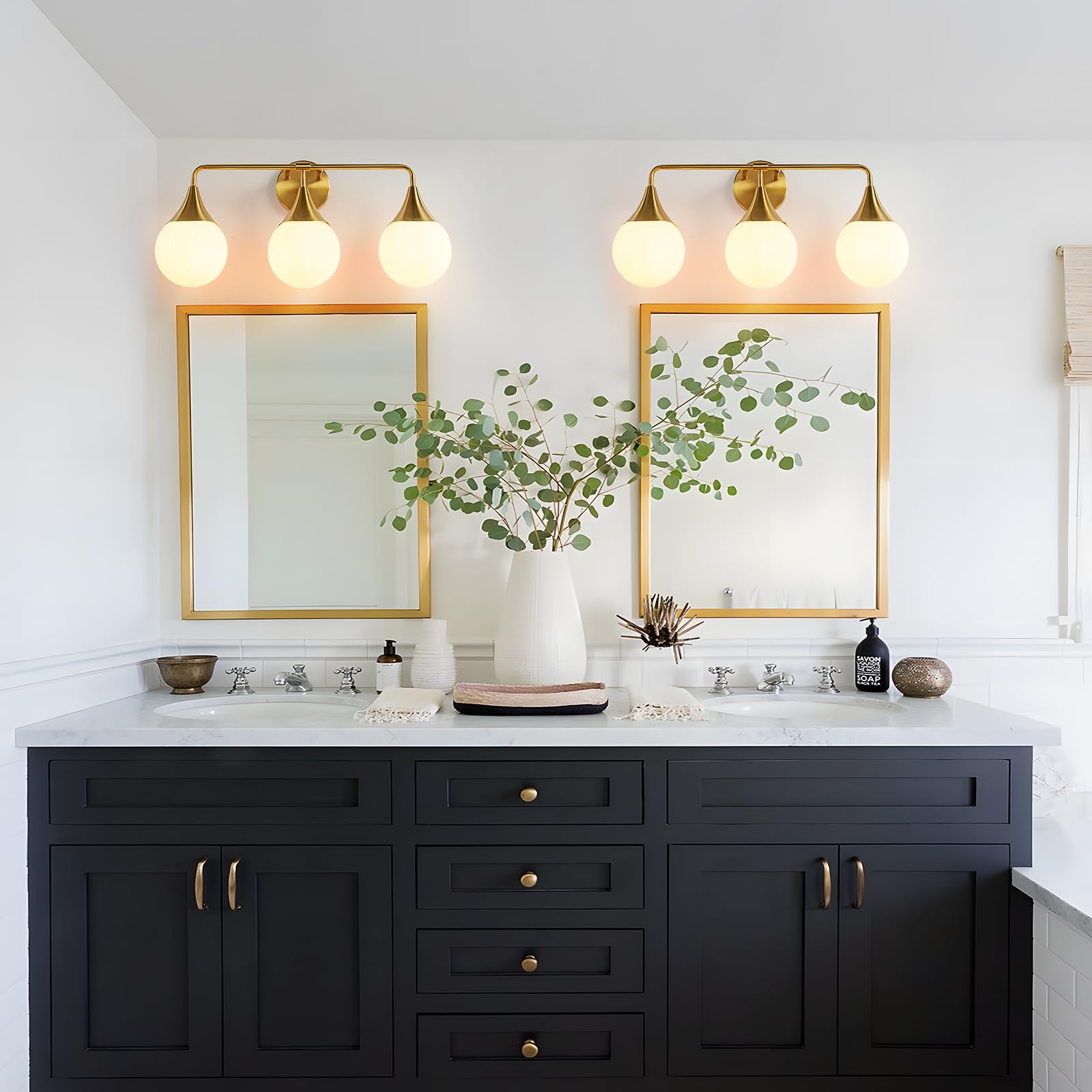 Mid Century Modern Bathroom Vanity Light Fixtures - 3-Light Brass Gold Wall Sconce with Milky White Globe Glass for Mirror Lighting | Perfect for Bathroom, Living Room & Bedroom Décor