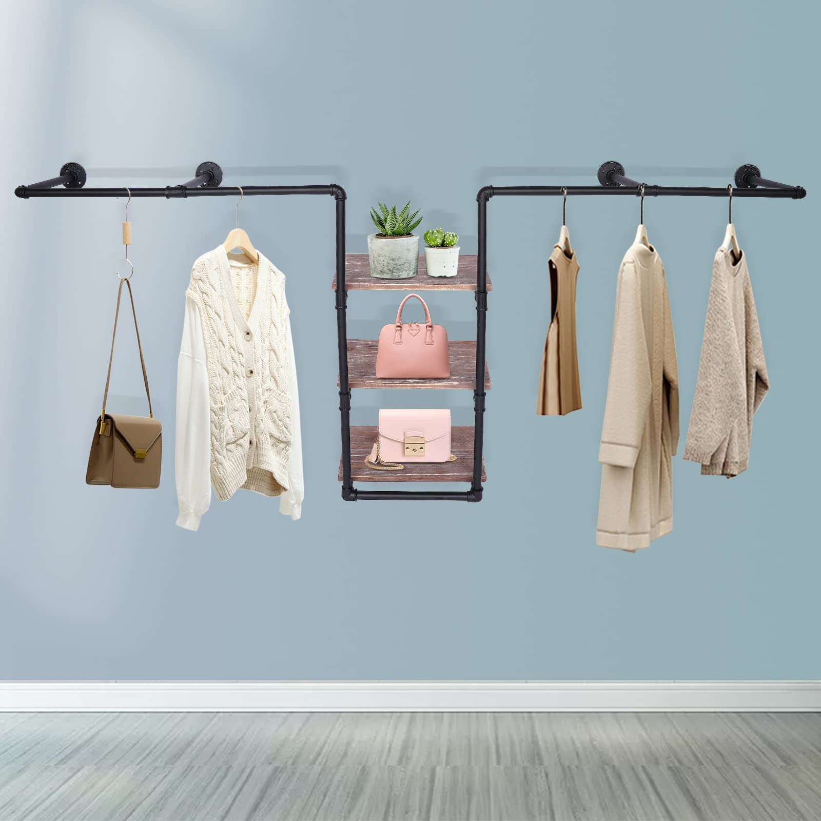 Industrial Pipe Garment Rack - Wall Mounted Clothing Rack with 3-Tier Wooden Shelf & 2 Hanging Rods, Rustic Storage Rack for Home, Boutique or Clothing Store Organization | Perfect for Bedroom, Closet & Retail Display