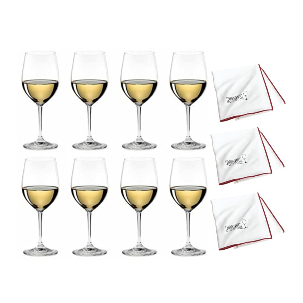 Riedel Vinum Chablis Chardonnay Wine Glasses Set of 8 with 3 Premium Microfiber Polishing Cloths - Crystal Clear White Wine Glasses for Chardonnay, Sauvignon Blanc - Perfect for Dinner Parties, Wine Tasting, Gifts