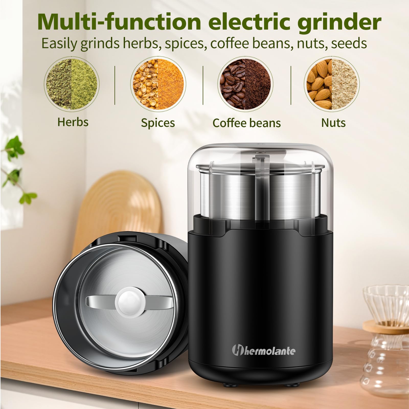 150W Electric Herb Grinder with Stainless Steel Blade - Spice, Coffee, Nut & Seed Grinder - Compact Size with Cleaning Brush - Perfect for Kitchen, Camping & Travel Use