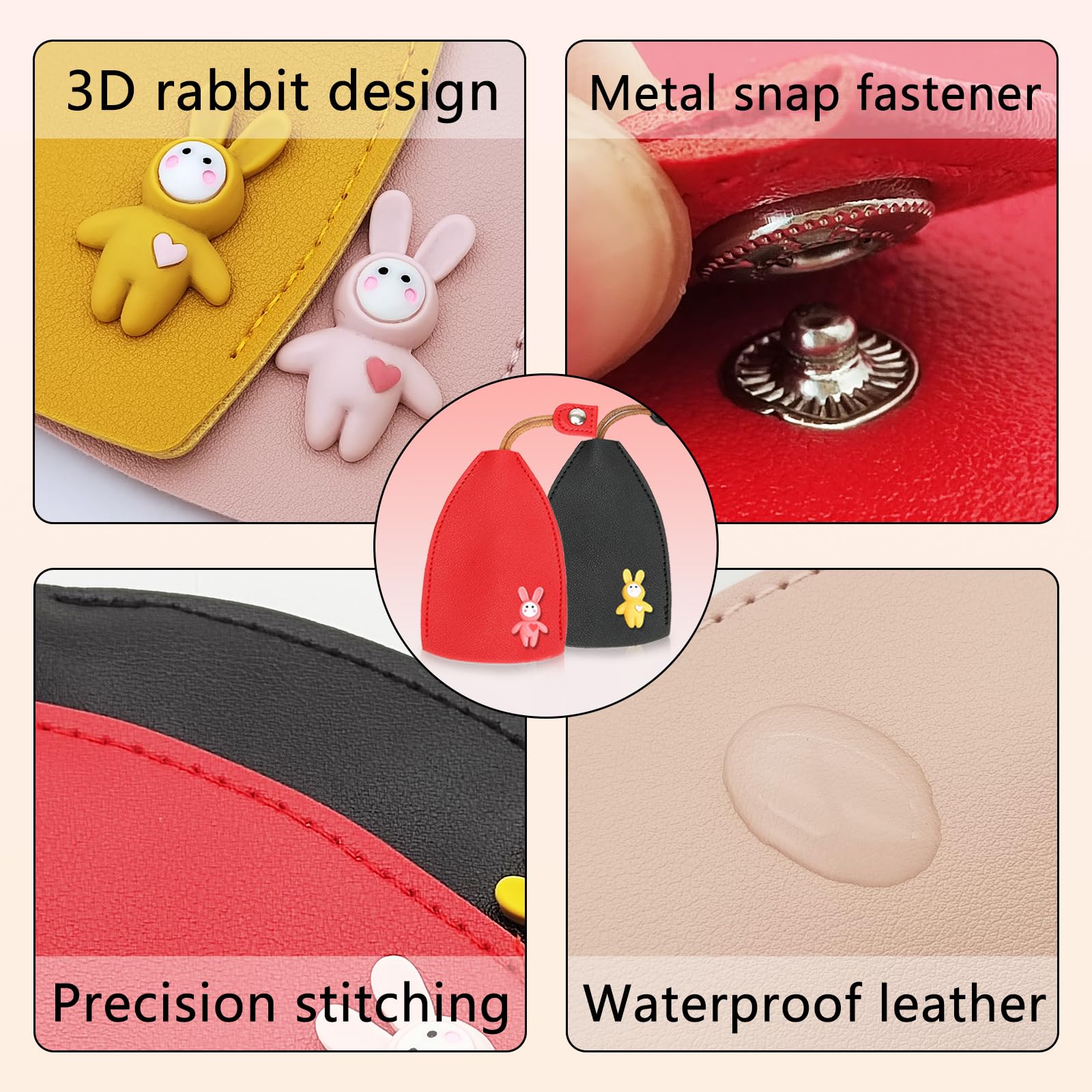 FuninCrea 4PCS PU Leather Key Holder Case with Rope & Snap Closure - Cute Rabbit Design Keychain Pouch for Car Keys (Perfect for Key Organization & Gift Giving)