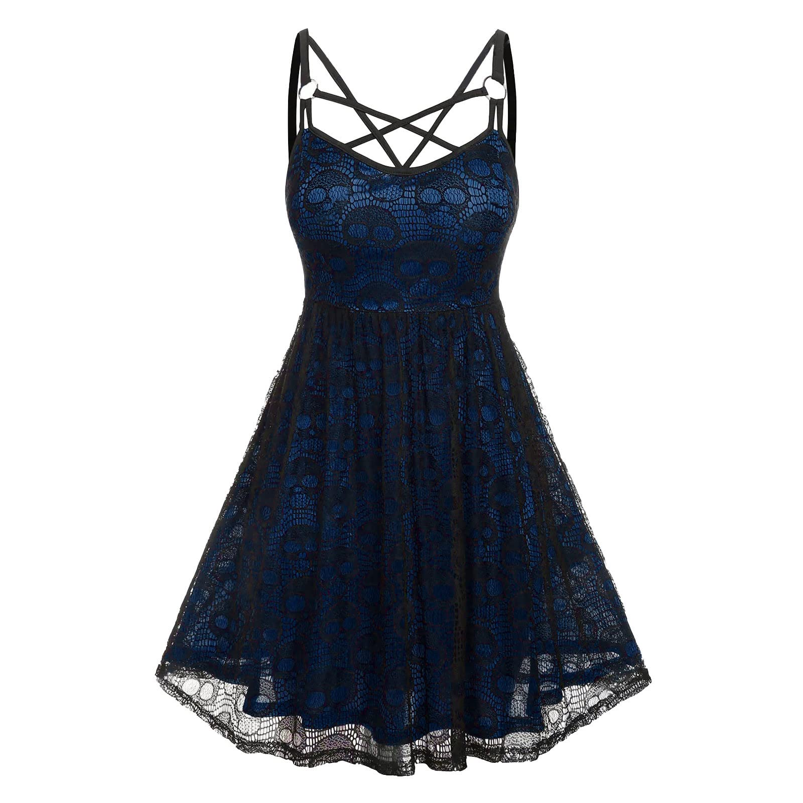 Gothic Halloween Steampunk Dress for Women - Skeleton Lace Short Summer Dress with Spaghetti Straps | Punk Fashion for Parties, Cosplay & Alternative Style