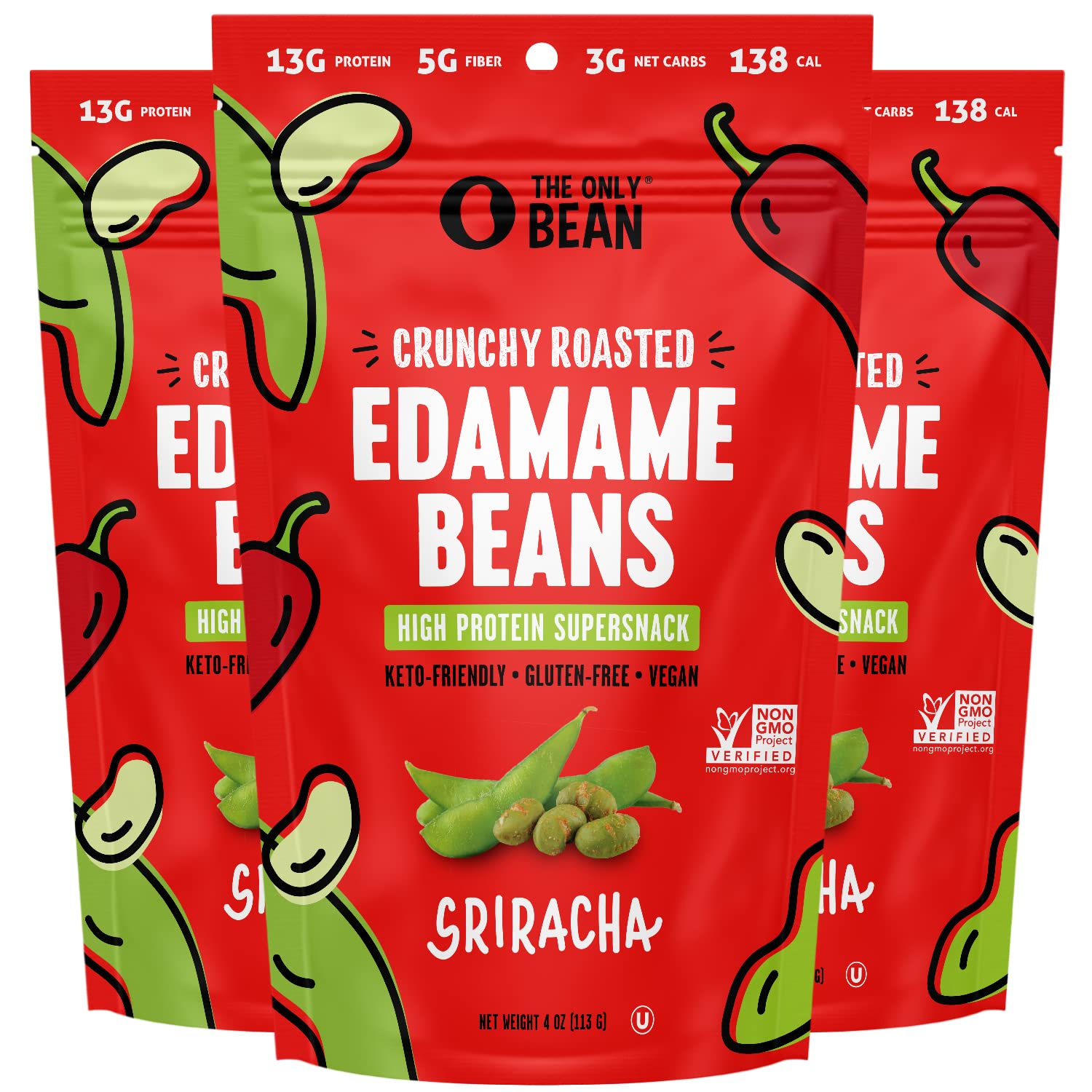 Crunchy Roasted Edamame Snacks - Sriracha Flavor | High Protein (13g), Keto Friendly (2g Net Carbs), Vegan & Plant-Based | Perfect for Office Snacks, Healthy On-the-Go Protein Chips, Post-Workout Fuel & Spicy Snack Lovers | 4oz (3 Pack)
