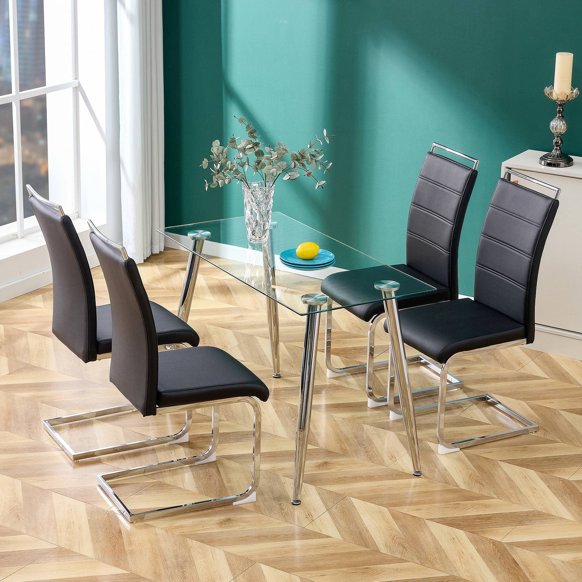 FURNITO Set of 4 Modern Leather Dining Chairs - High Back Armless Upholstered Kitchen & Dining Room Side Chairs with Horizontal Lines - Perfect for Contemporary Homes, Restaurants, and Office Break Rooms