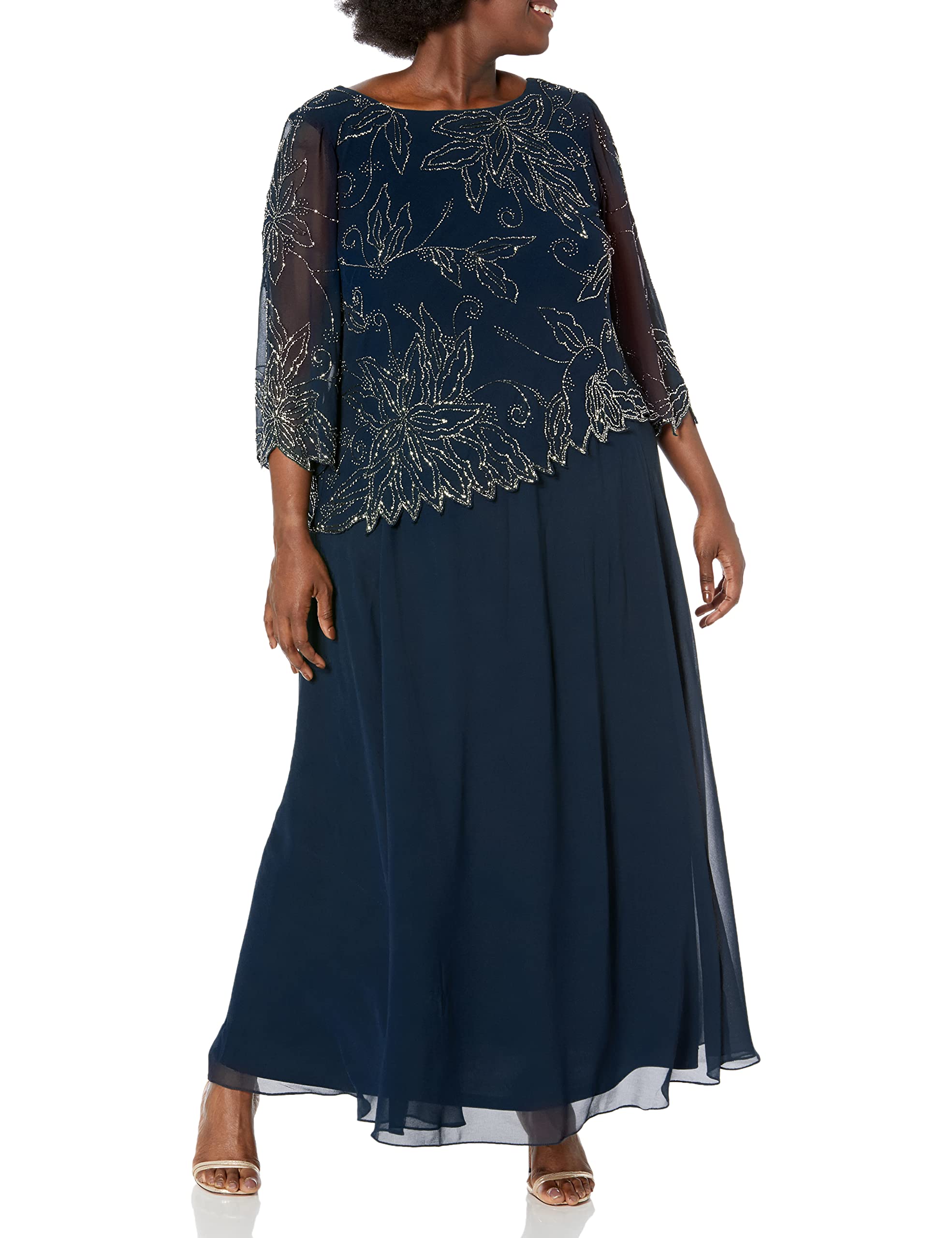 J Kara Women's Plus Size 3/4 Sleeve Scallop Edge Mock Flare Dress for Casual Wear, Office, Party & Special Occasions
