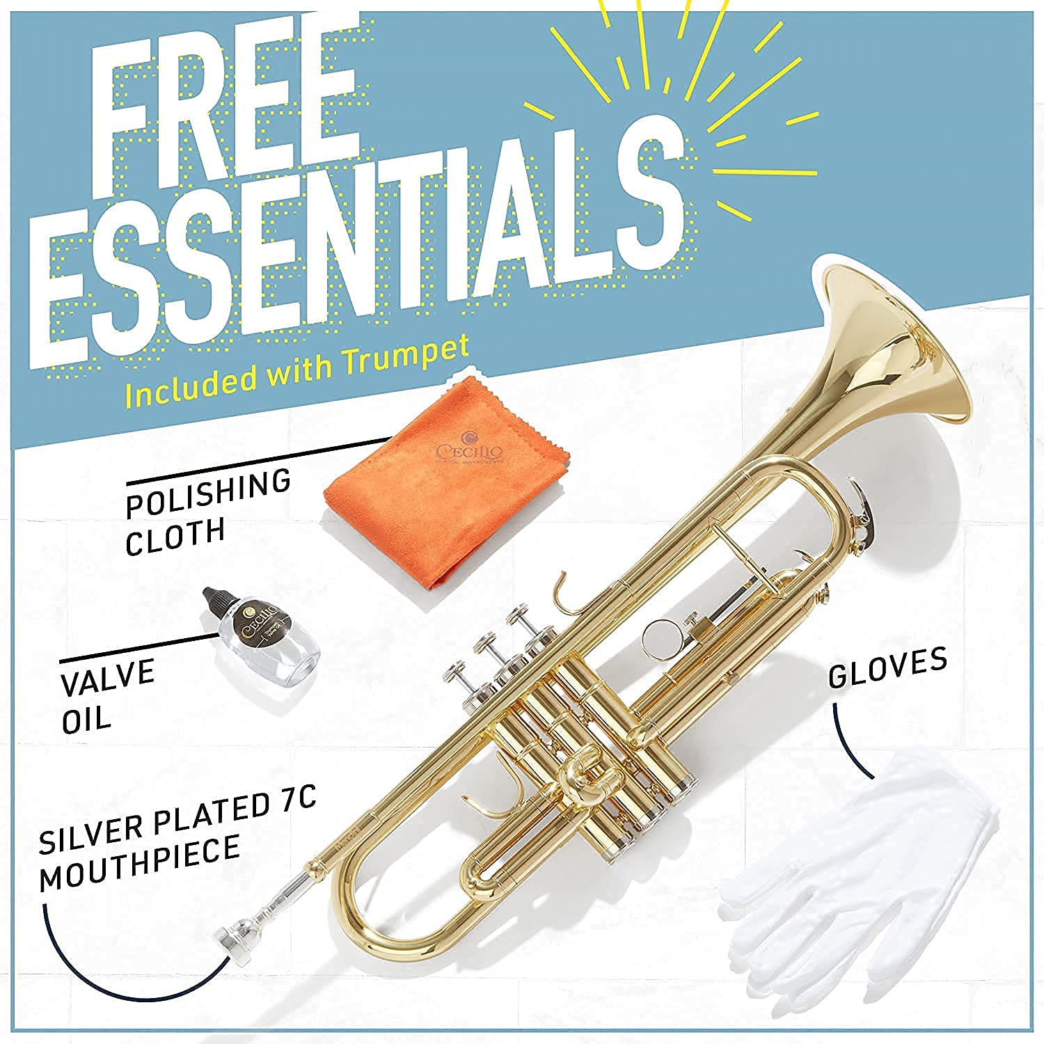 Mendini by Cecilio Bb Trumpet - Professional & Beginner Brass Instrument with Case, Cleaning Cloth, Oil & Gloves - Perfect for Students, Kids & Adults - Ideal for School Bands, Practice & Performances