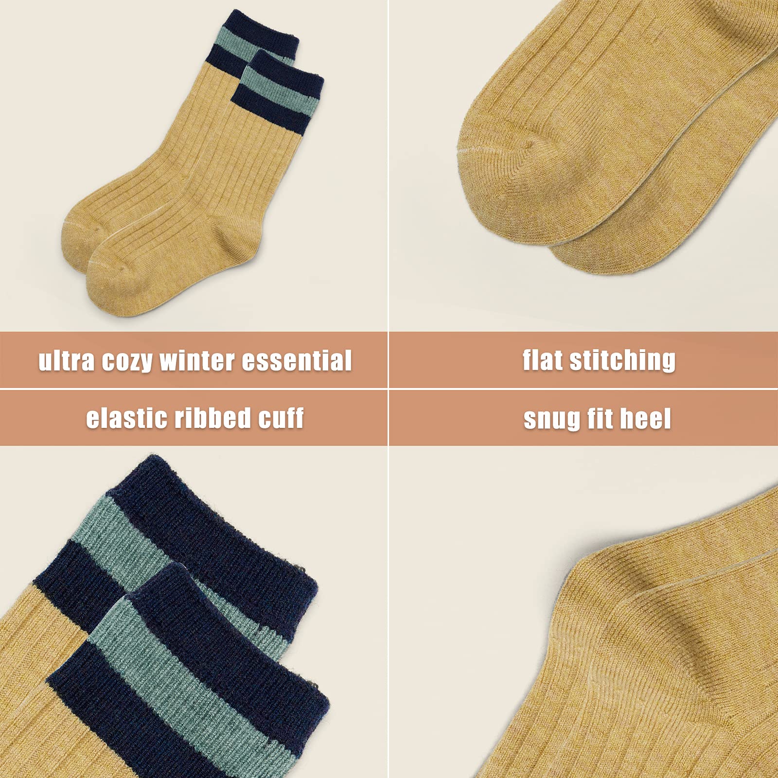 HowJoJo Boys Wool Socks - 6 Pack Kids Winter Warm Thermal Crew Socks for School, Outdoor & Snow Activities - Soft & Cozy Cold Weather Socks for Boys