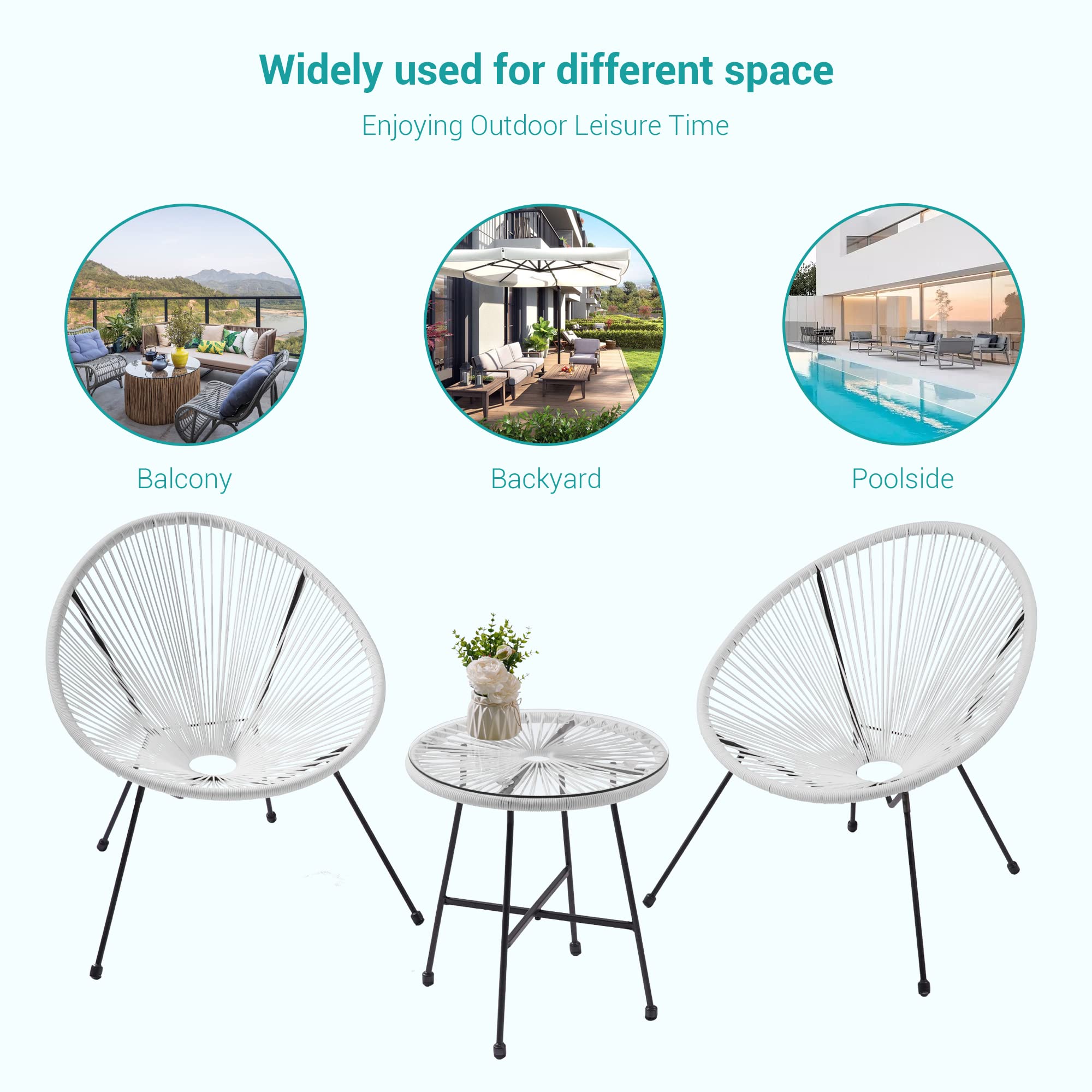3-Piece Patio Furniture Set - Acapulco Chair with Tempered Glass Table & 2 Chairs, Waterproof Wicker Outdoor Seating for Garden, Balcony, Poolside (White) - Perfect for Relaxing, Entertaining & Sunbathing