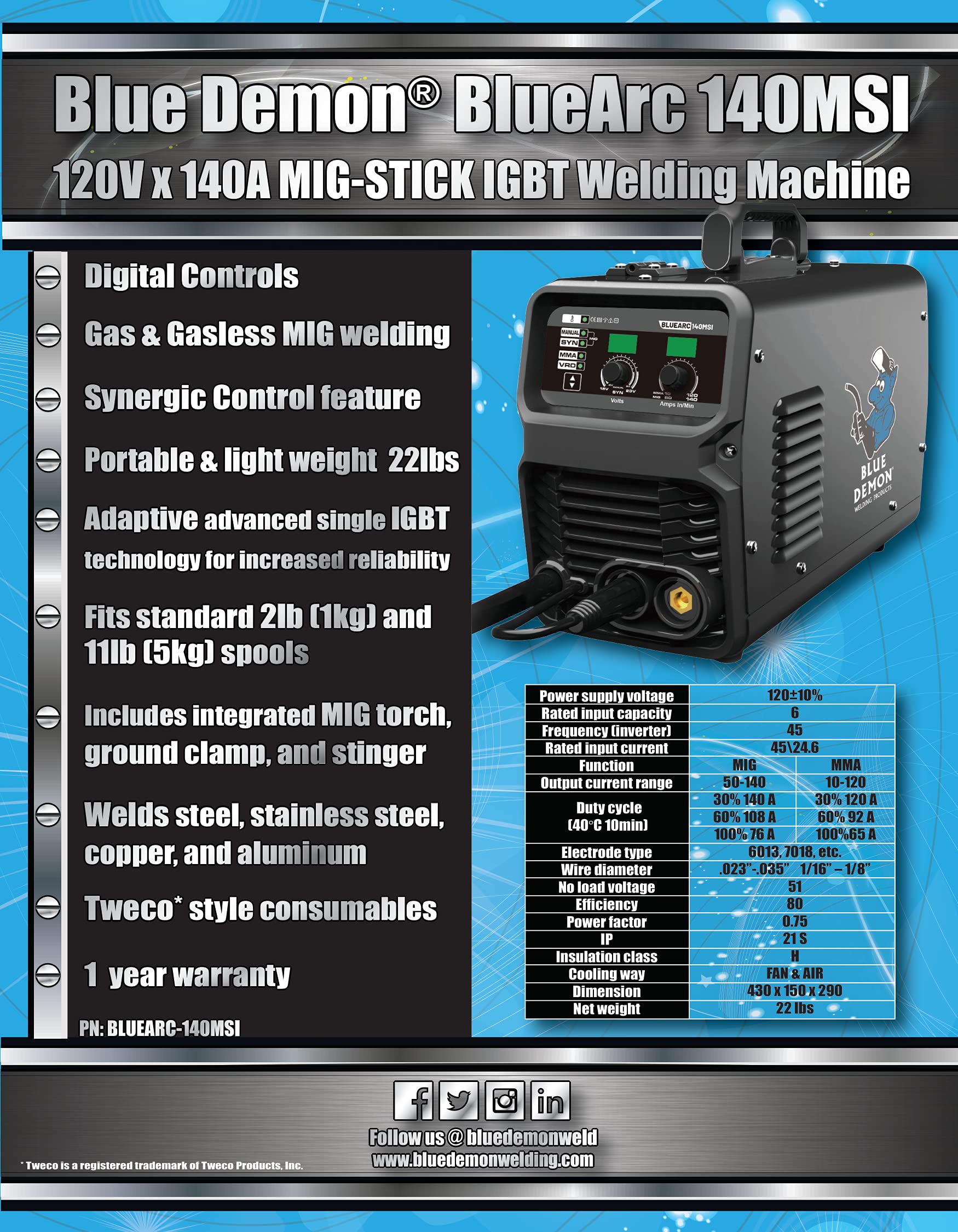 BLUEARC 140 MSI Inverter Welding Machine - Portable ARC Welder 140Amp, 110V/220V Dual Voltage, IGBT Technology - Perfect for Home DIY, Metal Fabrication & Automotive Repair (BLUEARC-140MSI)