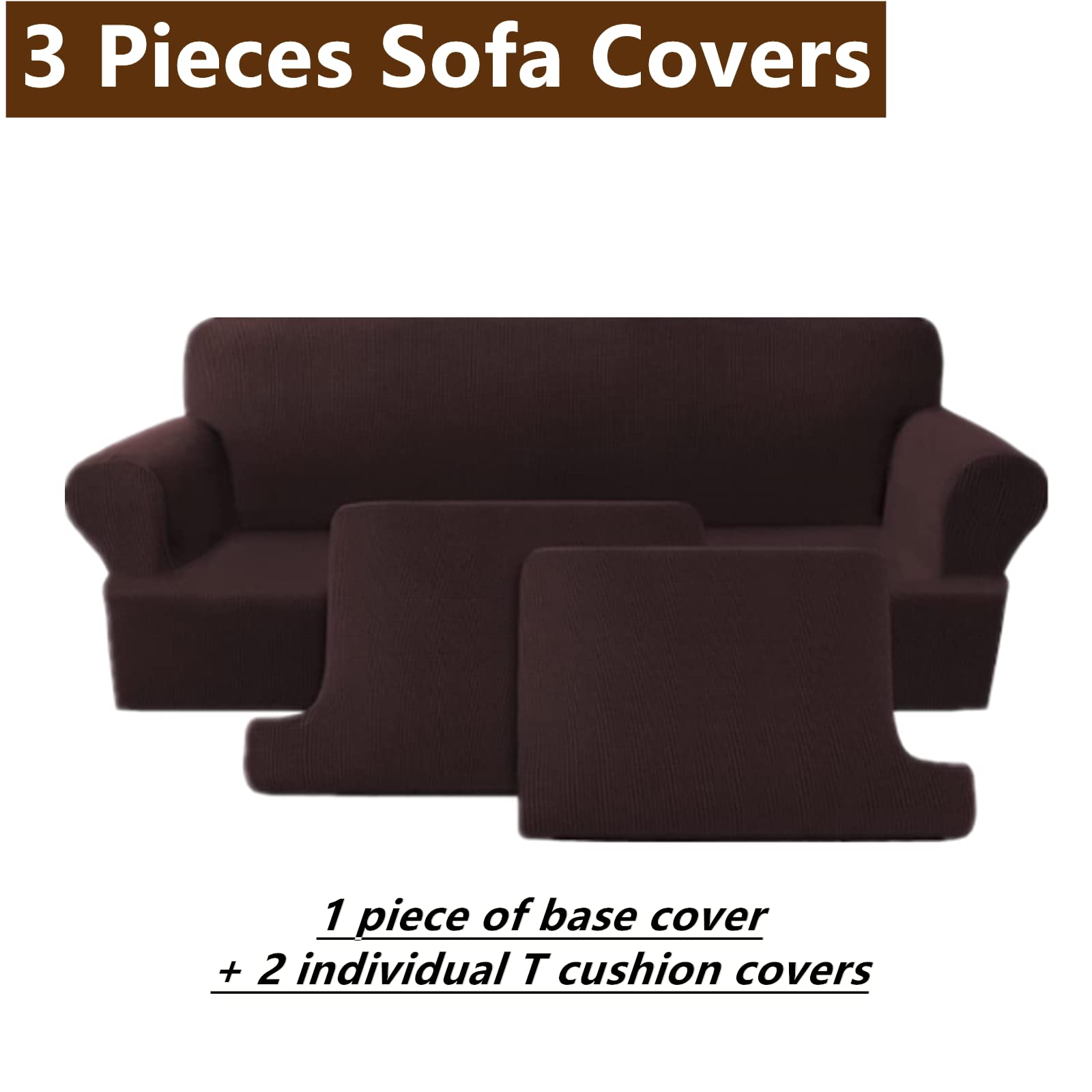 4-Piece Stretch Sofa Slipcover Set for T-Cushion Couches - Soft Furniture Protector with 3 Individual T-Cushion Seat Covers (Brown) - Perfect for Living Room, Family Room & Home Decor