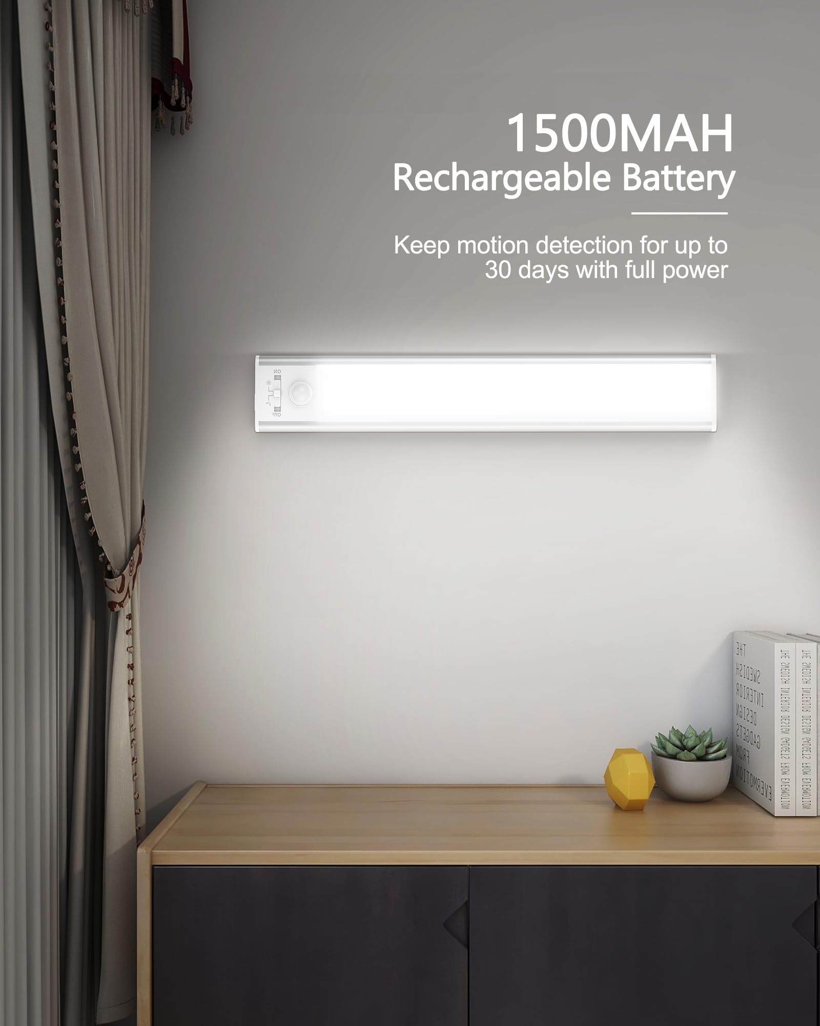 Under Cabinet Lights with Motion Sensor - 80 LED Wireless Rechargeable Lighting for Kitchen, Cupboard, Closet (3 Color Temperatures, 9.4inch, 1500mAh) - Perfect for Nighttime Safety & Hands-Free Illumination
