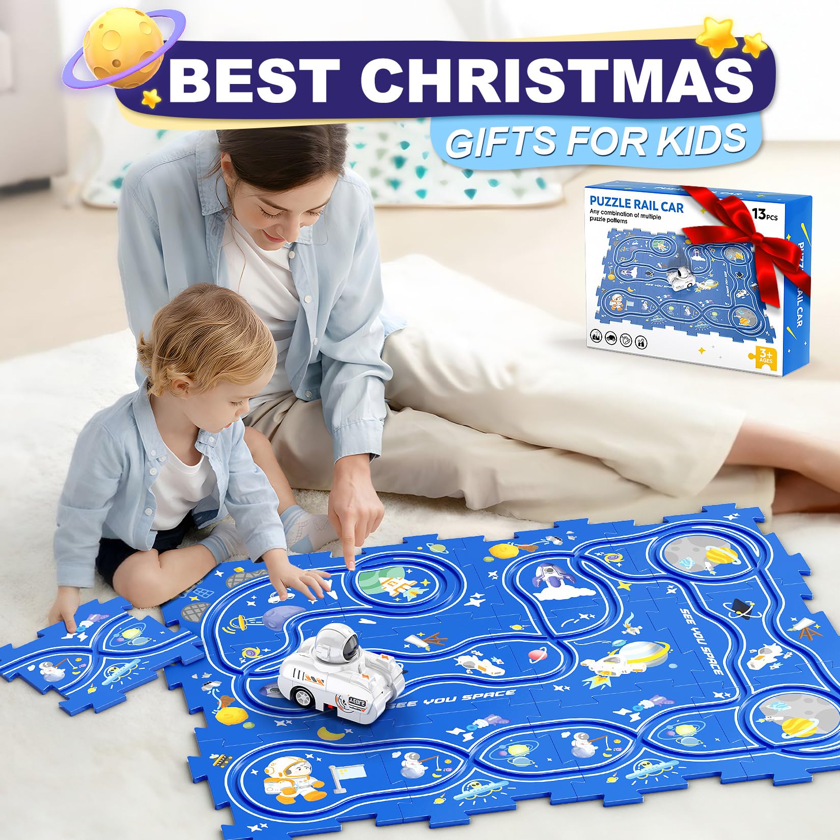 Puzzle Racer Kids Car Track Play Set - DIY Space-Themed Electric Toy Car with Astronauts | Montessori Educational STEM Toys for Toddlers | Christmas Stocking Stuffers & Birthday Gifts for Boys & Girls (Great for Indoor Play & Early Learning Activities)
