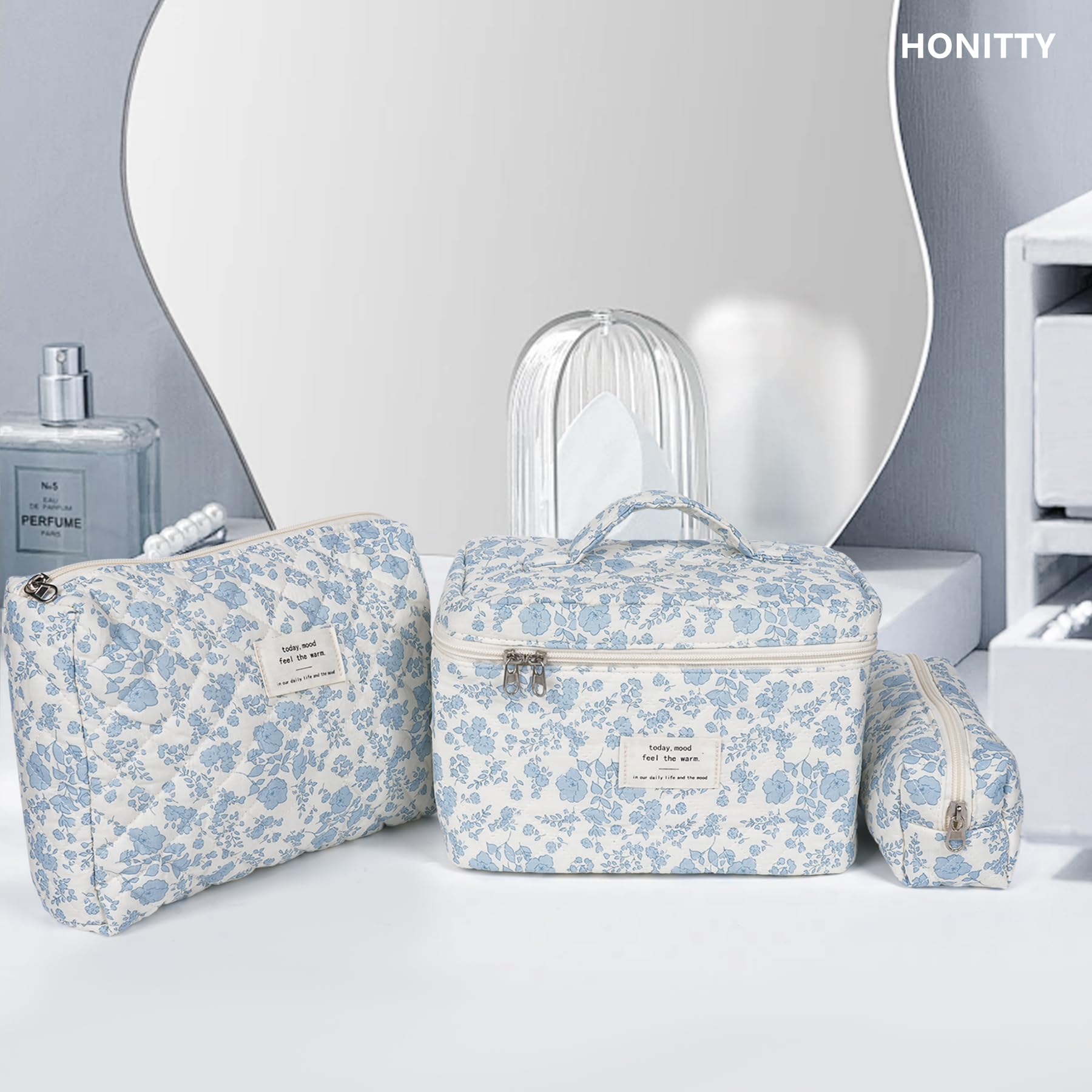 Floral Quilted Makeup Bag for Women - Travel Toiletry Organizer